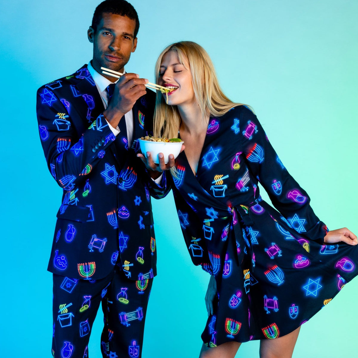 The Latke'd & Loaded | Neon Hanukkah Wrap Dress - Shinesty