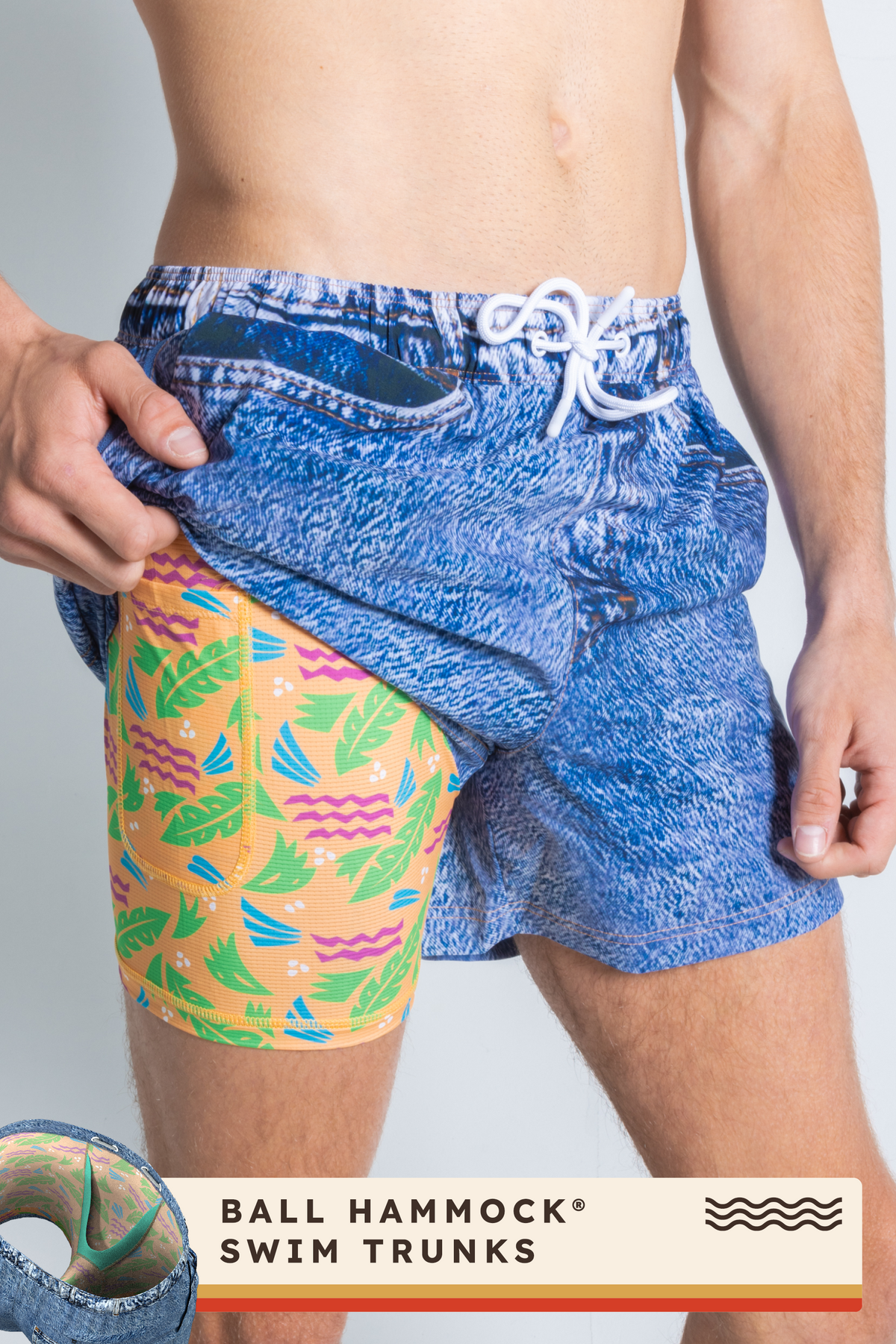 The Boogie Board Lord | Denim Tropical Ball Hammock® Pouch 8" Swim Trunks - Shinesty
