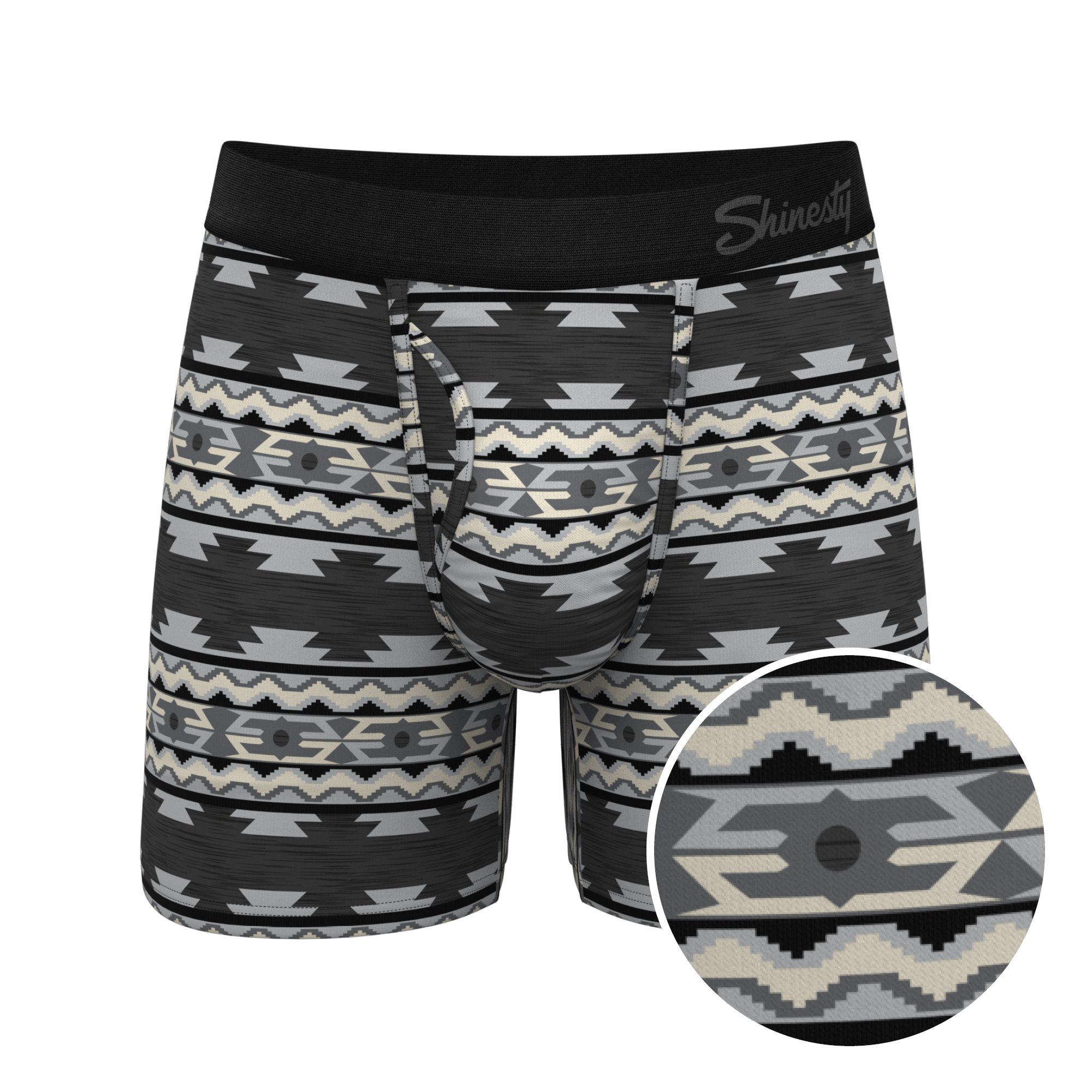 The Arroyo Grande | Grey and Black Aztec Ball Hammock® Pouch Underwear With Fly - Shinesty