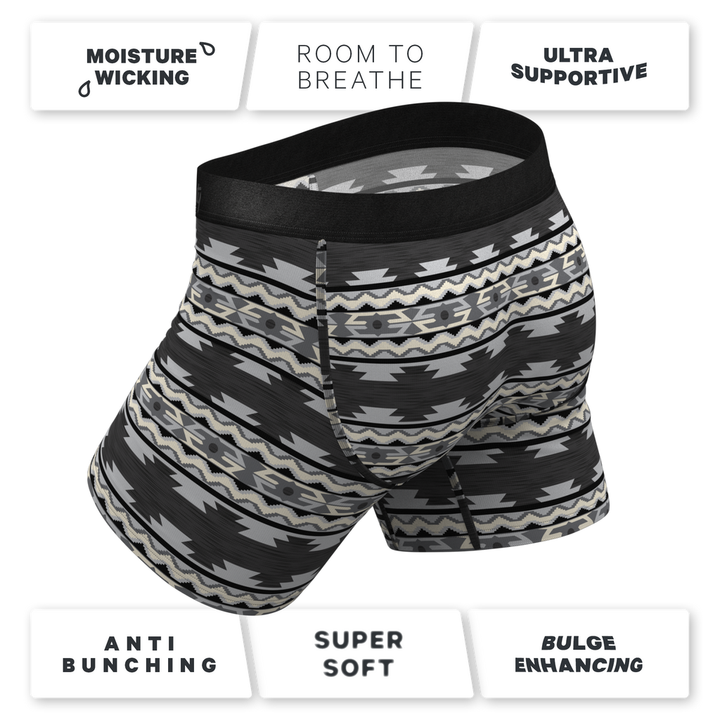 The Arroyo Grande | Grey and Black Aztec Ball Hammock® Pouch Underwear With Fly - Shinesty