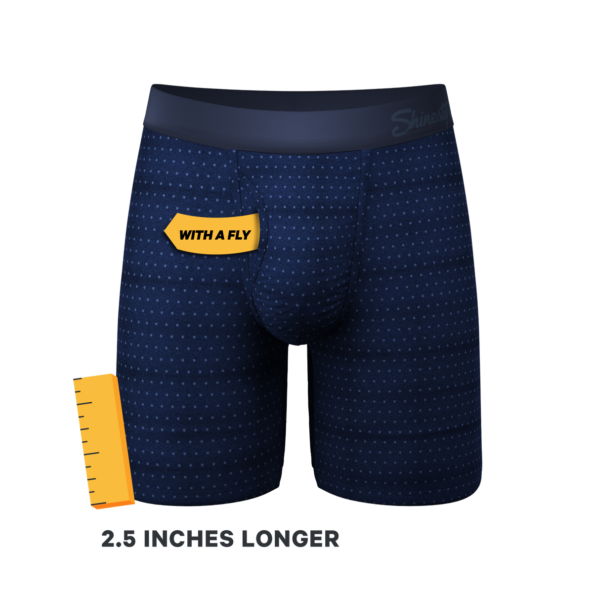 The Forget Me Not | Navy Dot Ball Hammock® Boxer - Long Leg - Shinesty
