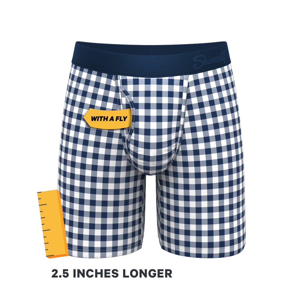 The Mad For Plaid | Navy Gingham Ball Hammock® Boxer - Long Leg - Shinesty