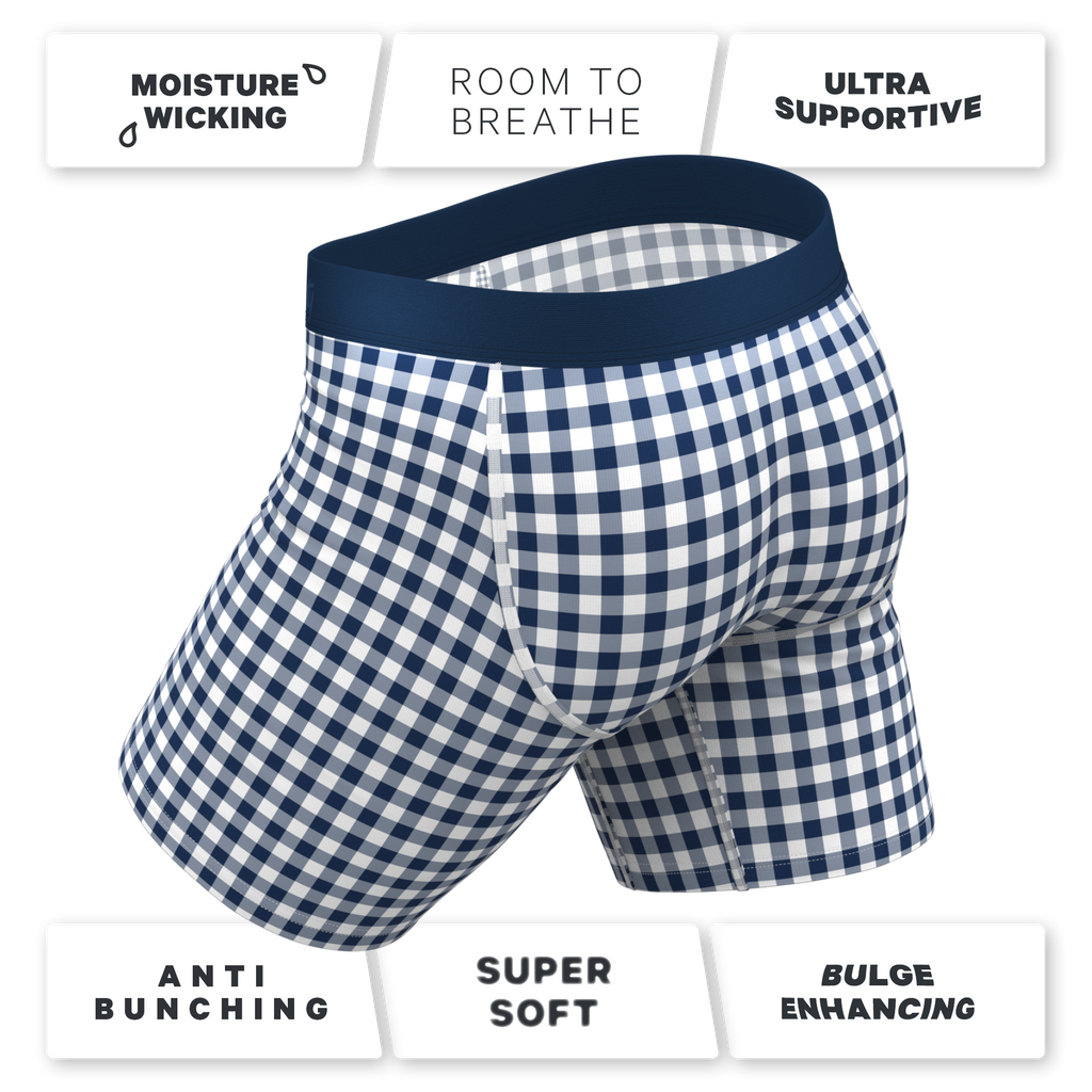 The Mad For Plaid | Navy Gingham Ball Hammock® Boxer - Long Leg - Shinesty
