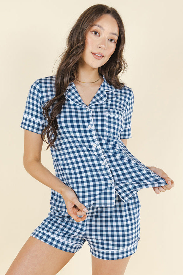 The Mad for Plaid | Navy Gingham SleepDeep™ Button Down Short Pajama Set - Shinesty