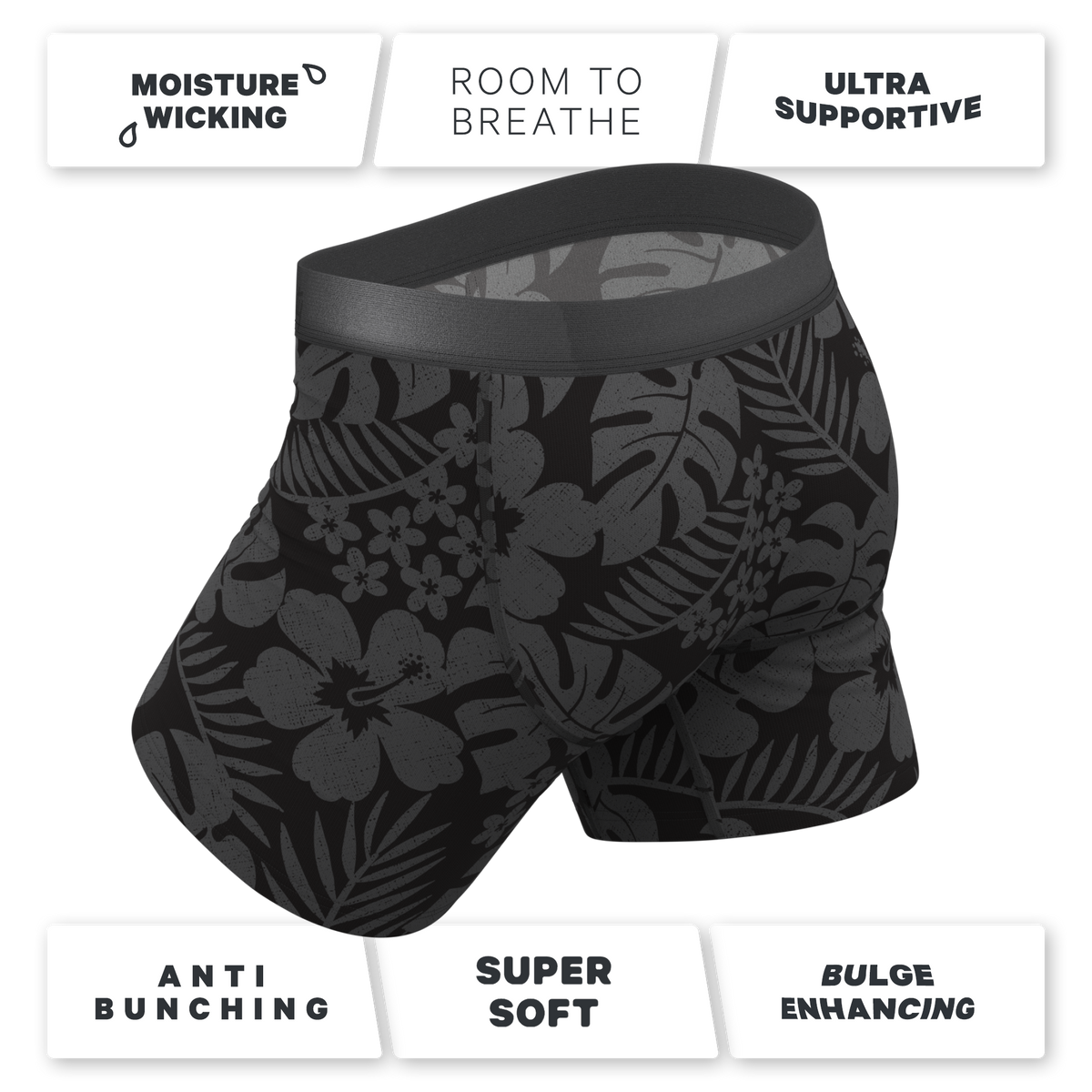 The Midnight Flora | Black Tonal Tropical Ball Hammock® Pouch Underwear - Shinesty