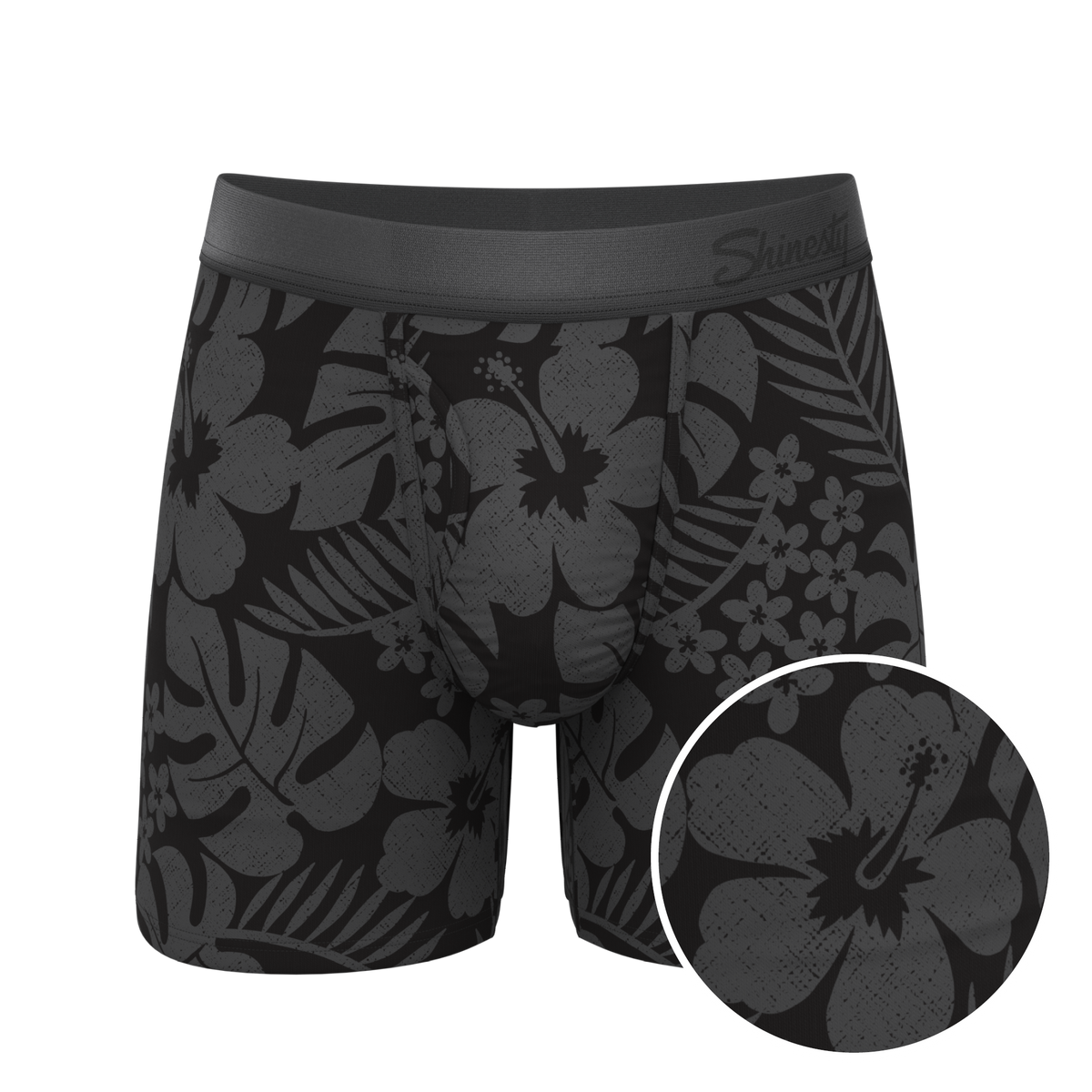 The Midnight Flora | Black Tonal Tropical Ball Hammock® Pouch Underwear With Fly - Shinesty