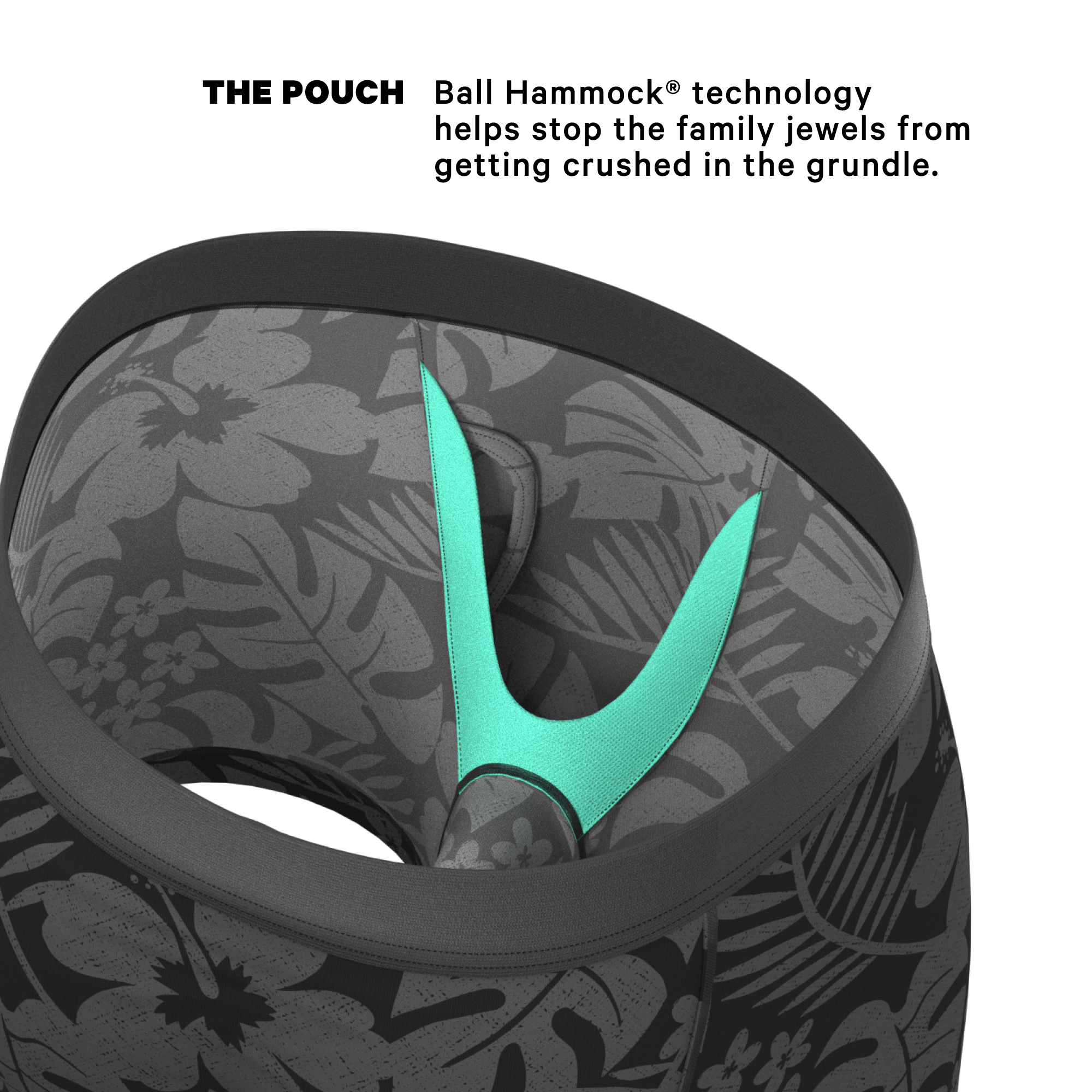The Midnight Flora | Black Tonal Tropical Ball Hammock® Pouch Underwear With Fly - Shinesty
