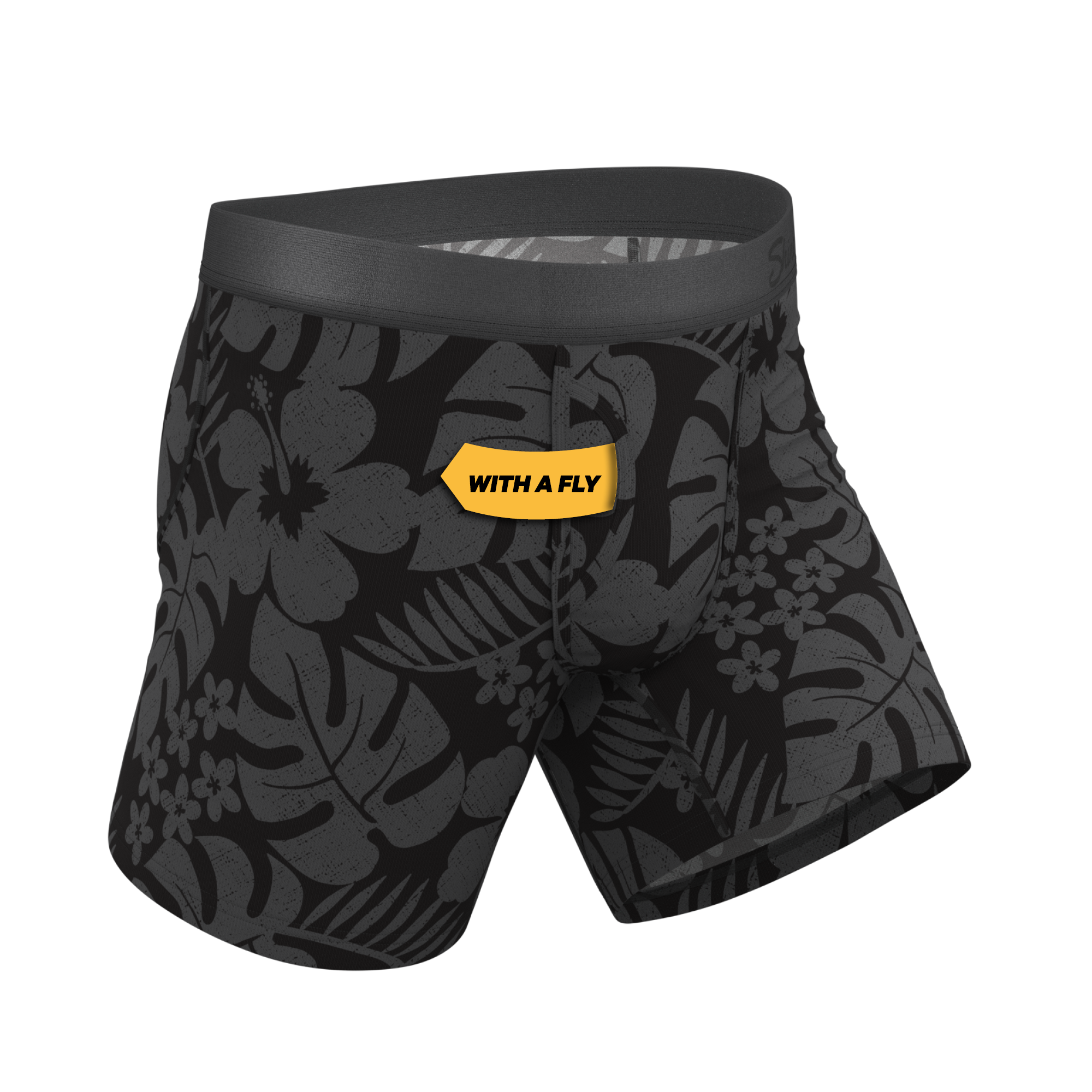 The Midnight Flora | Black Tonal Tropical Ball Hammock® Pouch Underwear With Fly - Shinesty