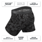 The Midnight Flora | Black Tonal Tropical Ball Hammock® Pouch Underwear With Fly - Shinesty