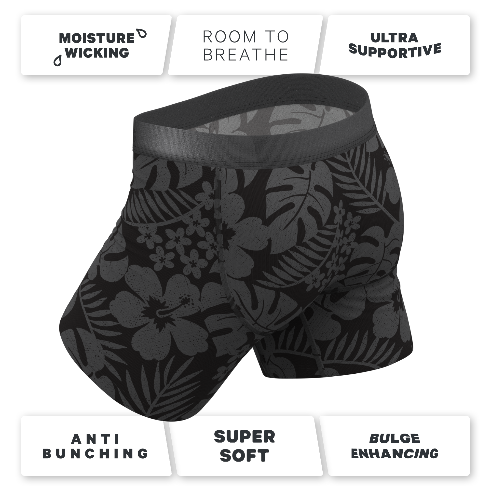 The Midnight Flora | Black Tonal Tropical Ball Hammock® Pouch Underwear With Fly - Shinesty