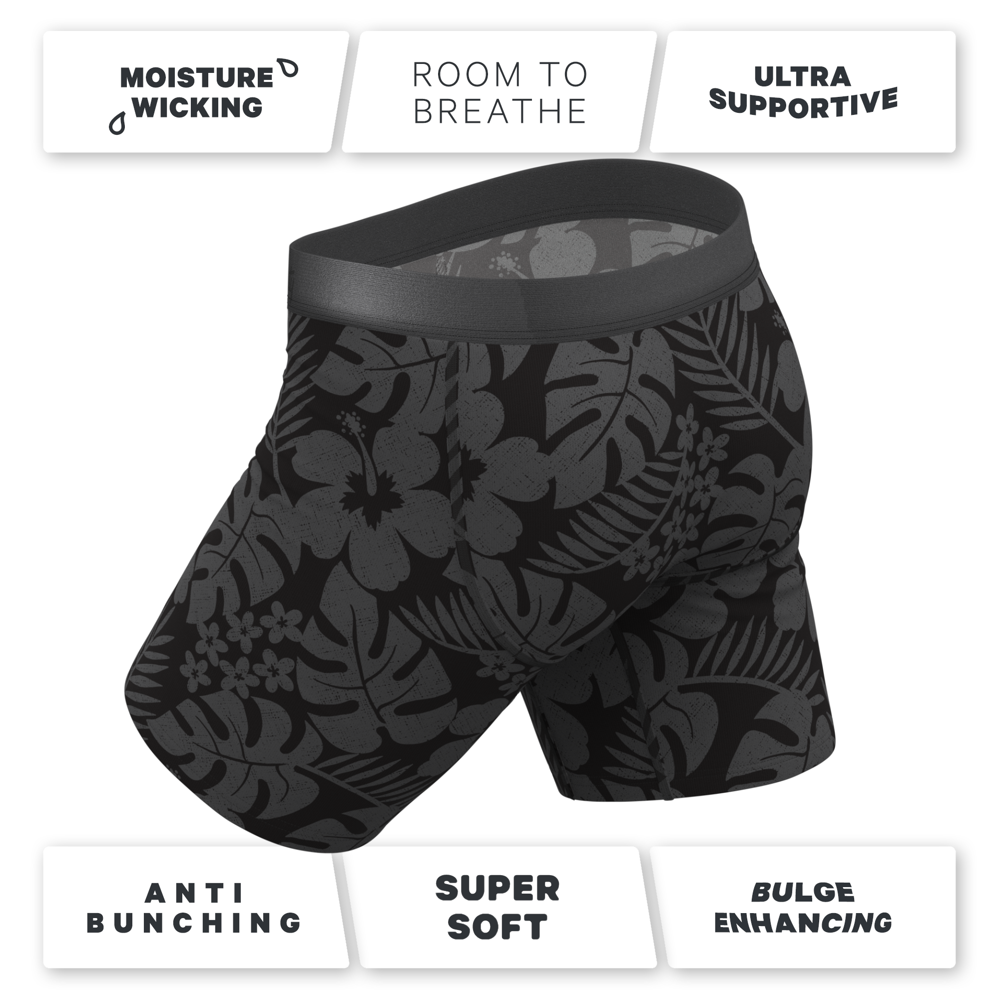 The Midnight Flora | Black Tonal Tropical Ball Hammock® Boxer - Long Leg - Shinesty