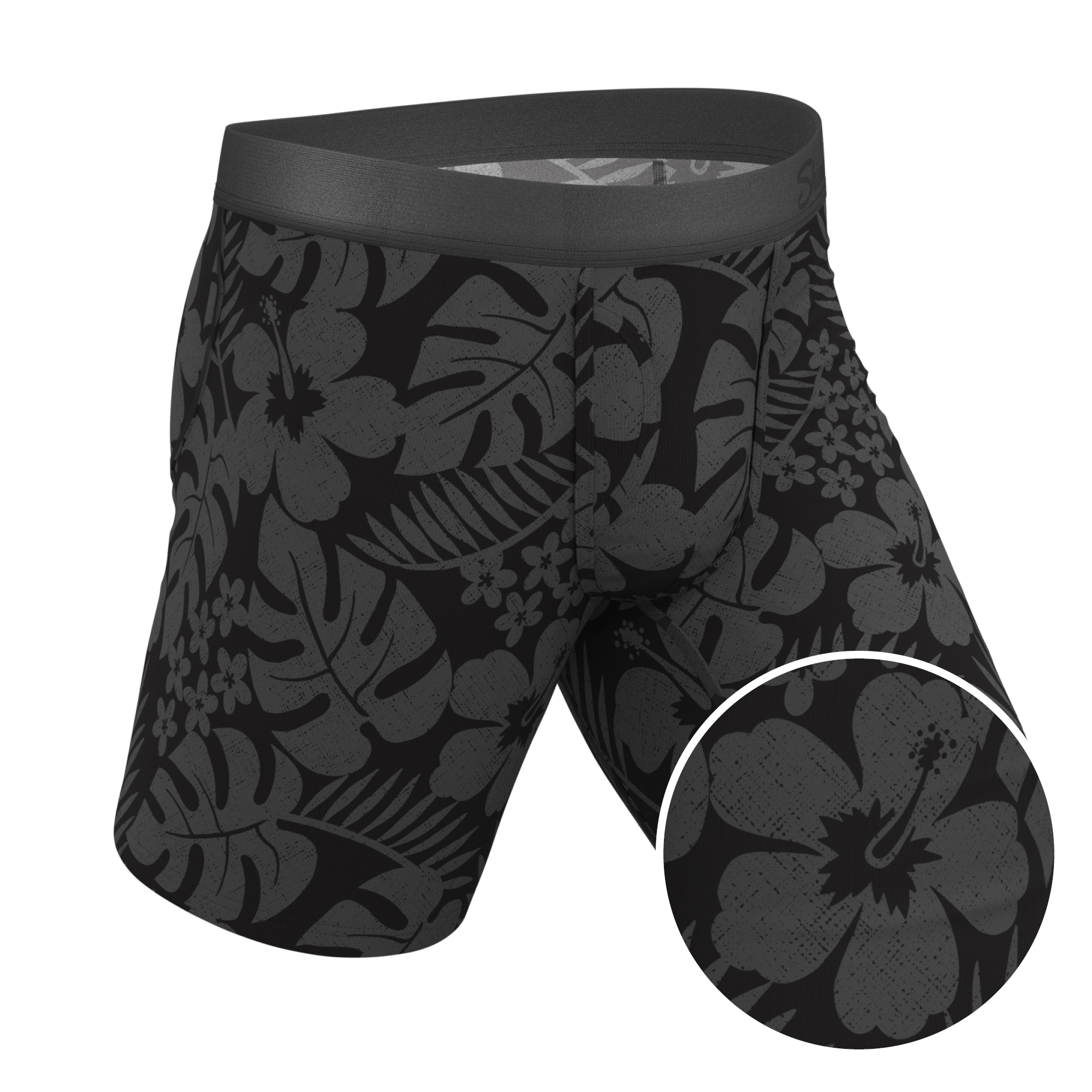 The Midnight Flora | Black Tonal Tropical Ball Hammock® Boxer - Long Leg - Shinesty