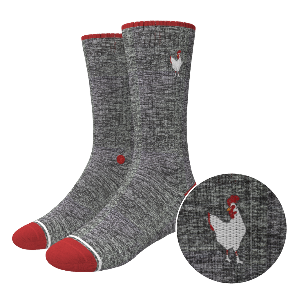 The Nice Cockerel | Heather Gray and Red Heel Hammock™ Crew Socks - Shinesty