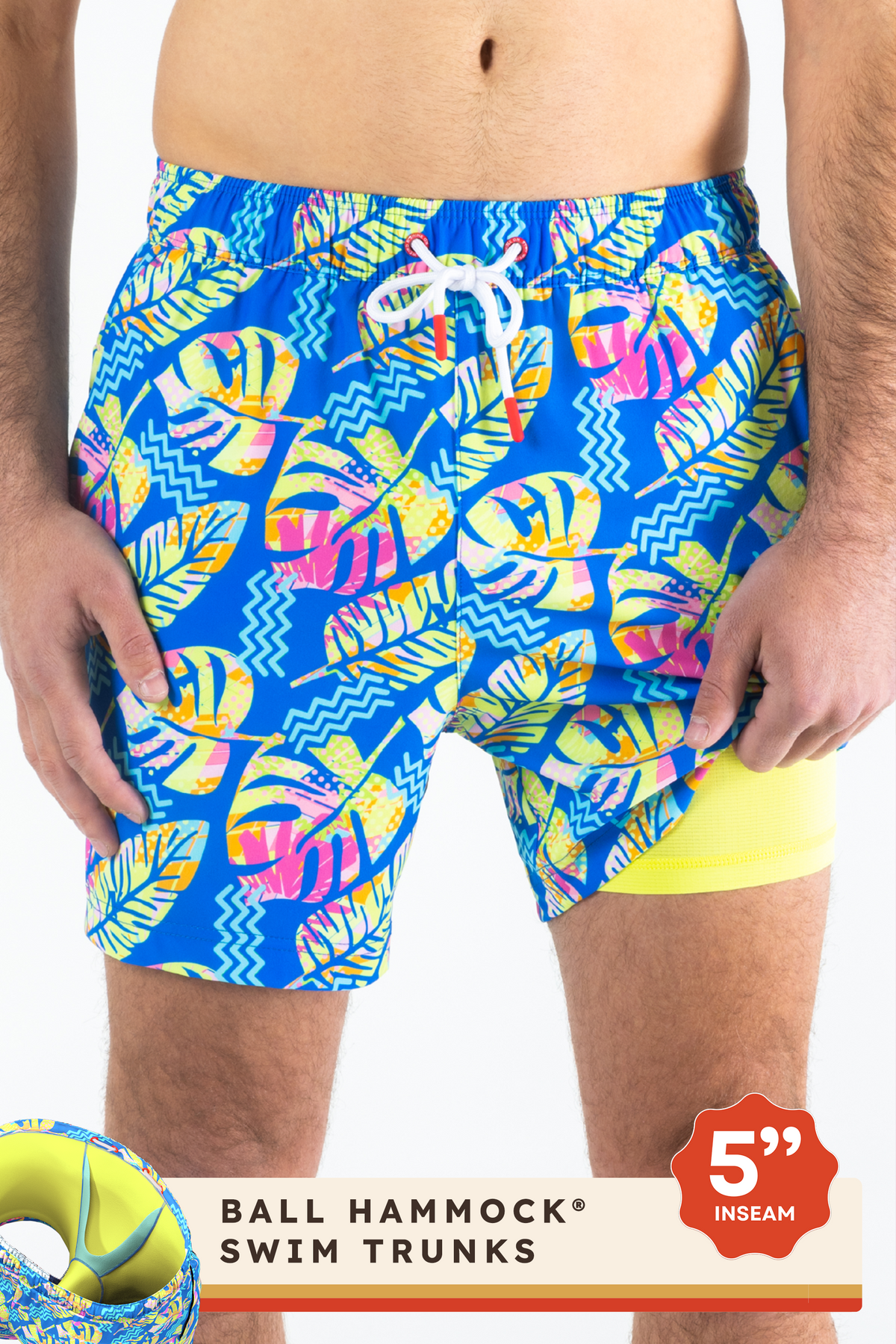 The Oahu Rendezvous | Tropical Leaves Ball Hammock® Pouch 5" Swim Trunks - Shinesty