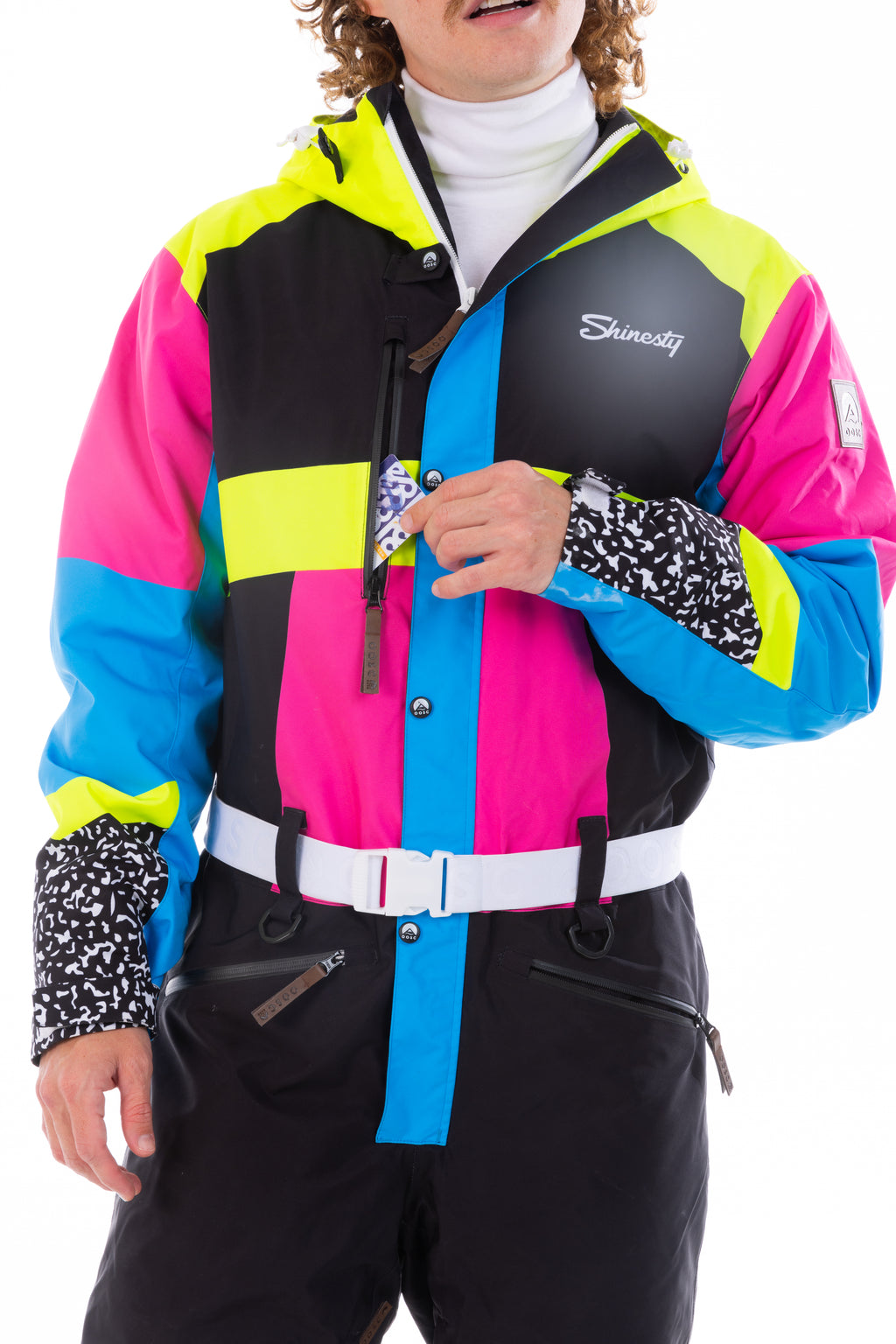 The Black Diamond | Men's Black and Pink Retro One Piece Ski Suit - Shinesty