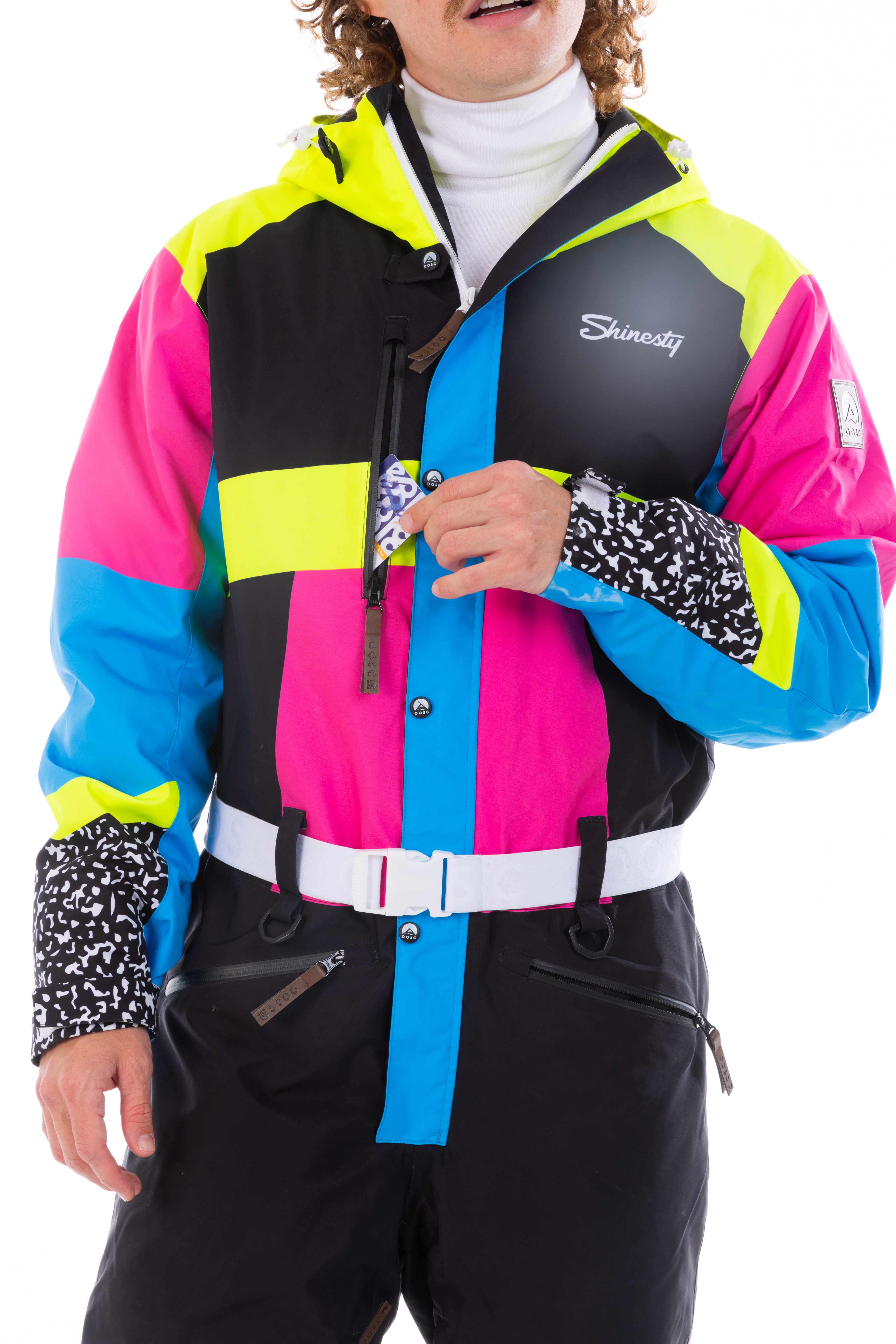 The Black Diamond | Men's Black and Pink Retro One Piece Ski Suit - Shinesty