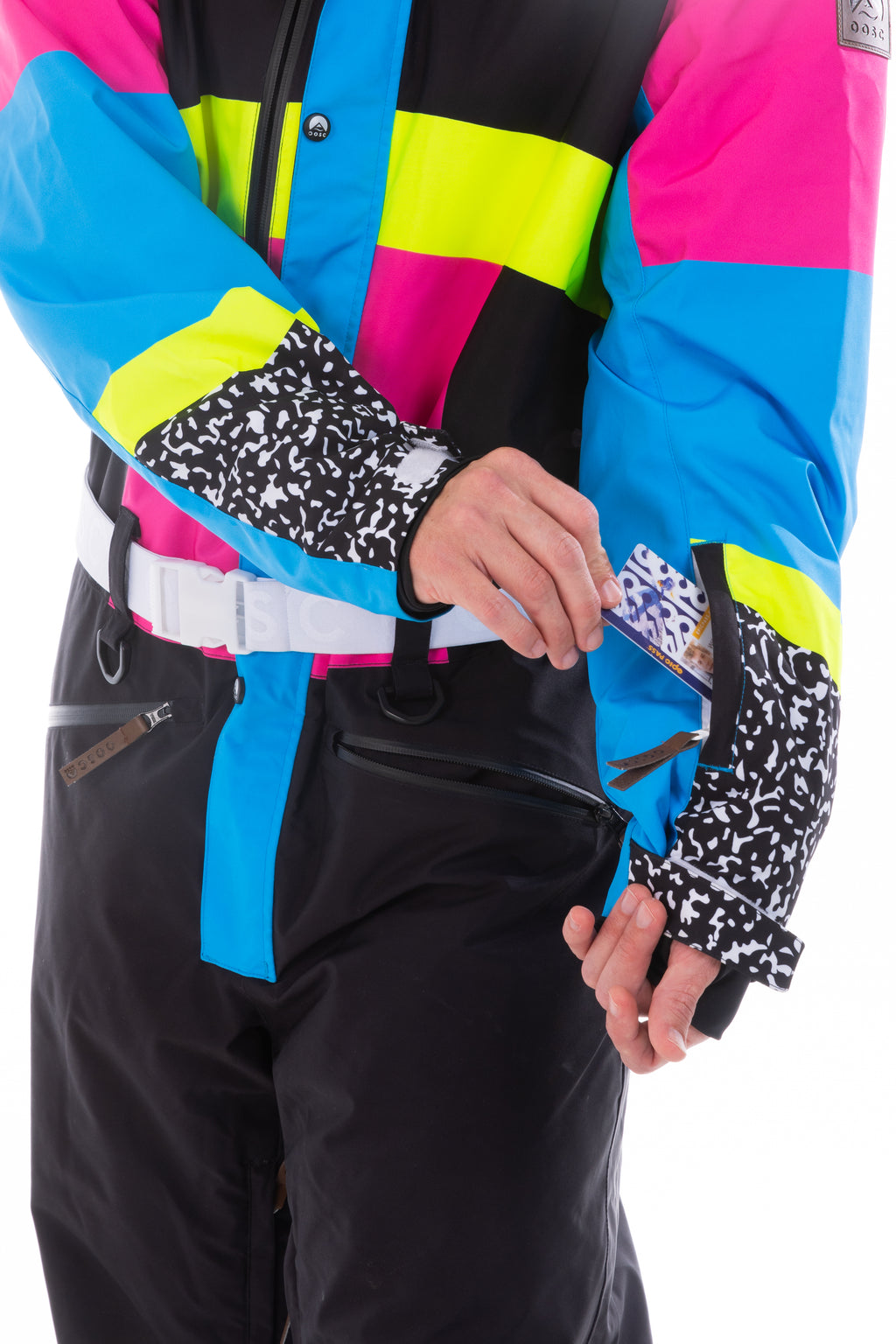The Black Diamond | Men's Black and Pink Retro One Piece Ski Suit - Shinesty