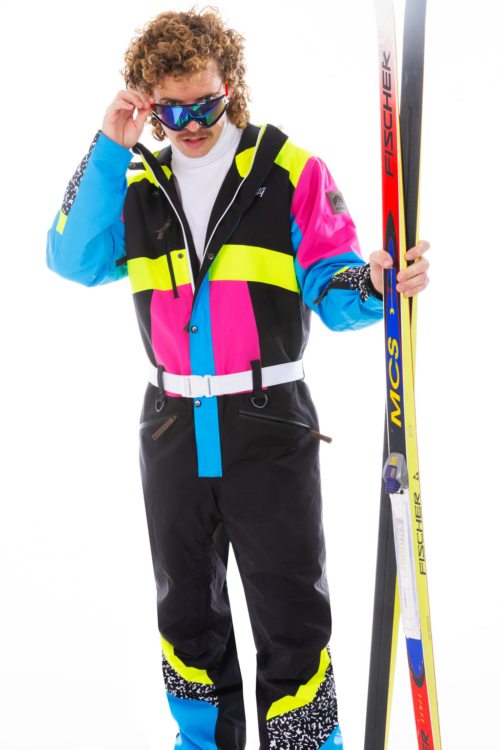 The Black Diamond | Men's Black and Pink Retro One Piece Ski Suit - Shinesty