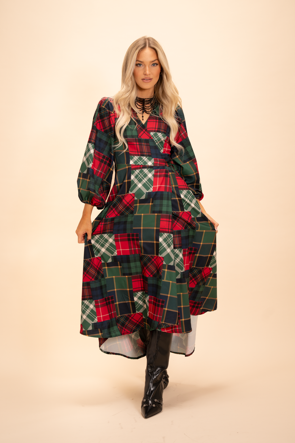 The Clash Of The Tartans | Tartan Patchwork Plaid Long Sleeve Dress - Shinesty
