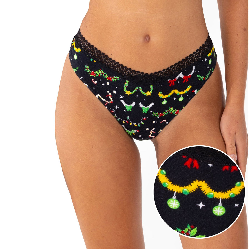 The Goodie Garland | Christmas Tinsel Busts Lace Trim Thong Underwear - Shinesty