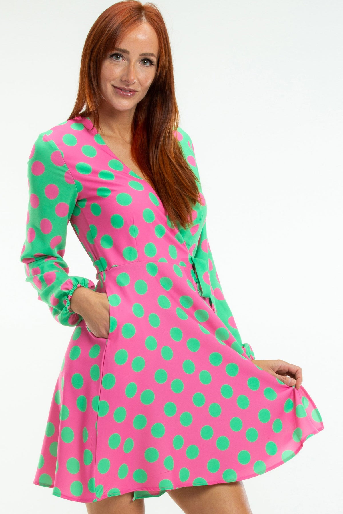 The High Stakes | Derby Pink And Green Polka Dot Wrap Dress - Shinesty