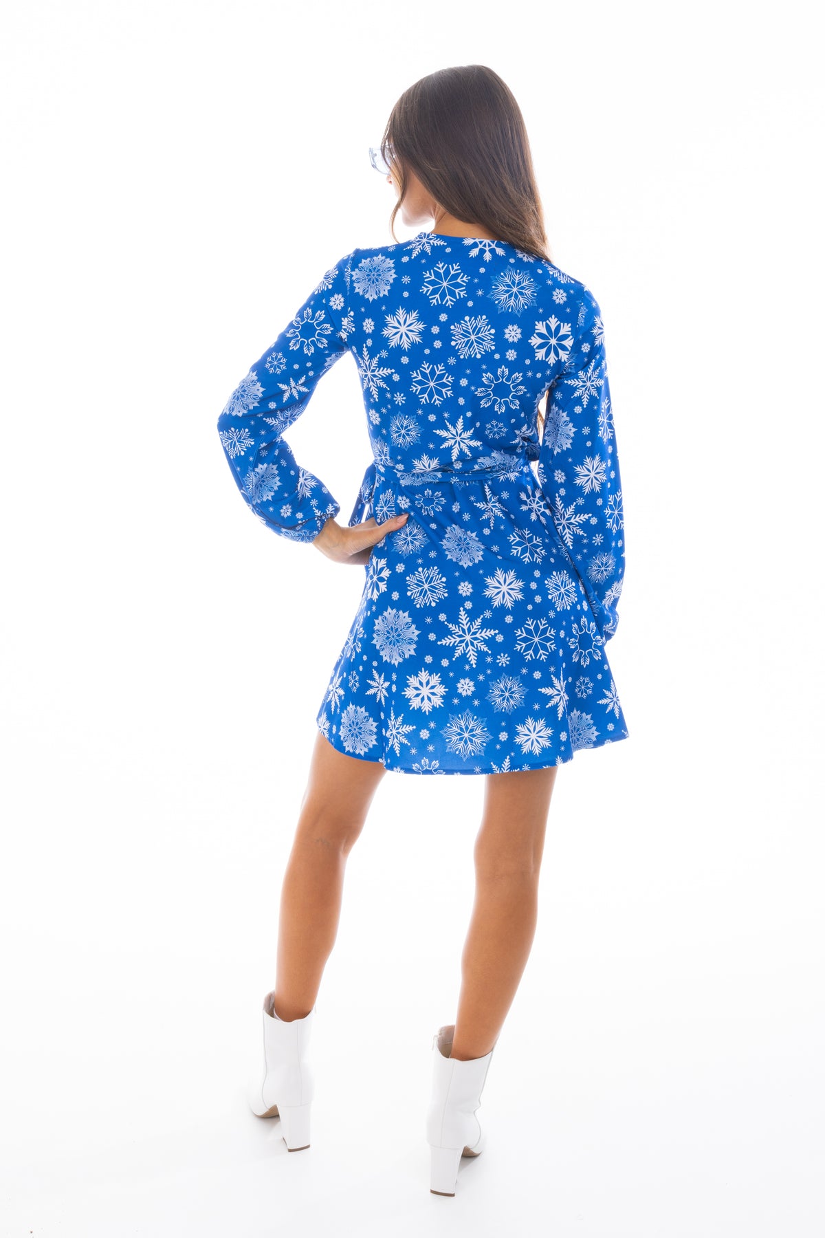 The Ice Never Melts | Blue Snowflake Christmas Wrap Dress - Shinesty