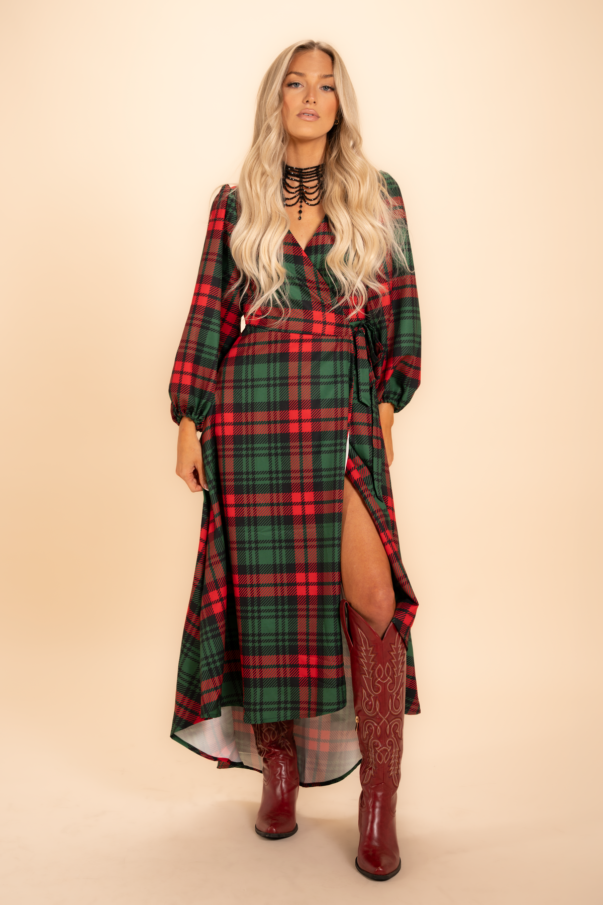 The Lincoln Log Love Daddy/Lady | Women's Green Plaid Christmas Long Sleeve Dress - Shinesty