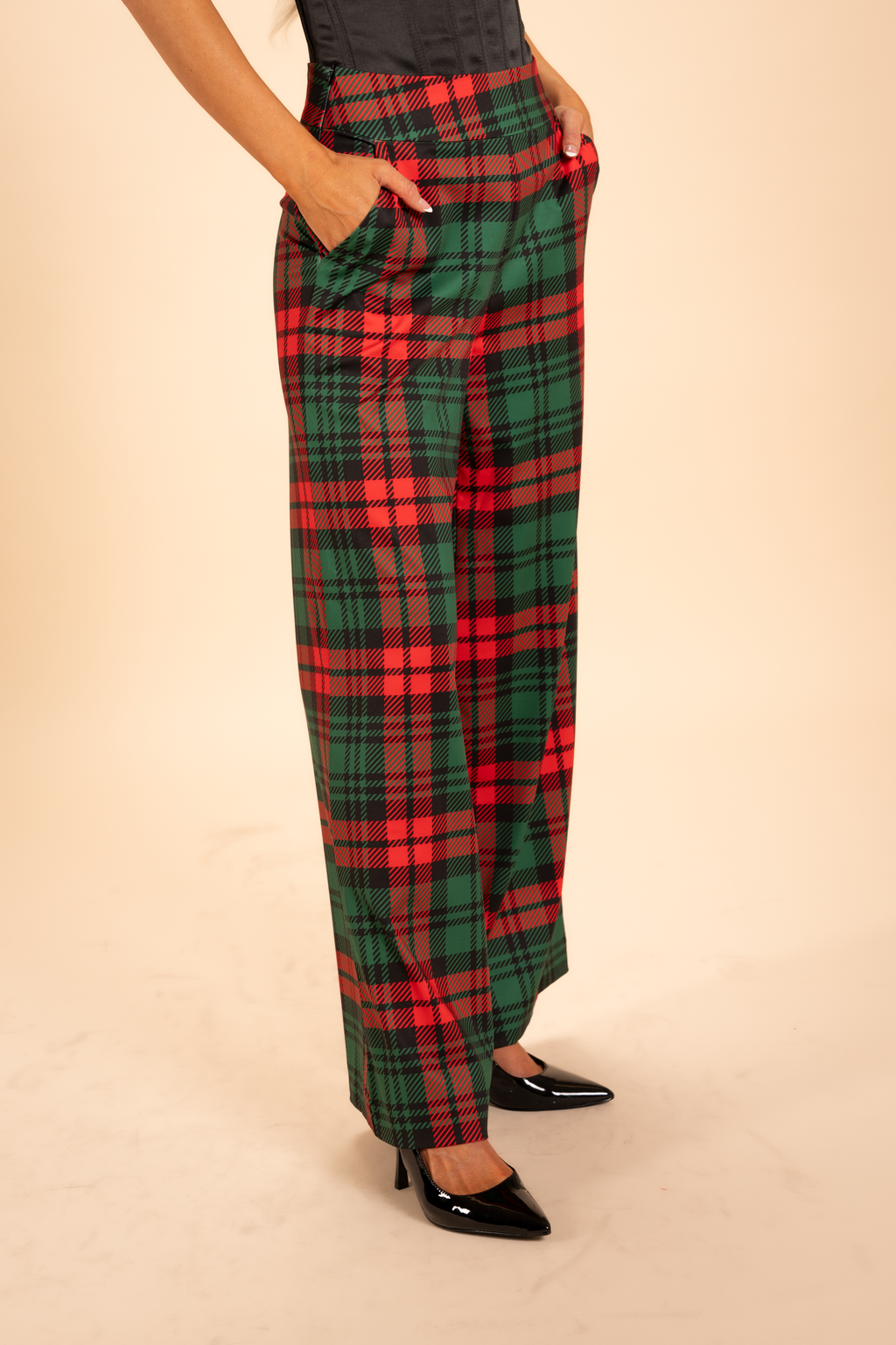 The Lincoln Log Love Daddy/Lady | Women's Green Plaid Christmas Wide Leg Pants - Shinesty