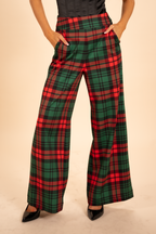 The Lincoln Log Love Daddy/Lady | Women's Green Plaid Christmas Wide Leg Pants - Shinesty