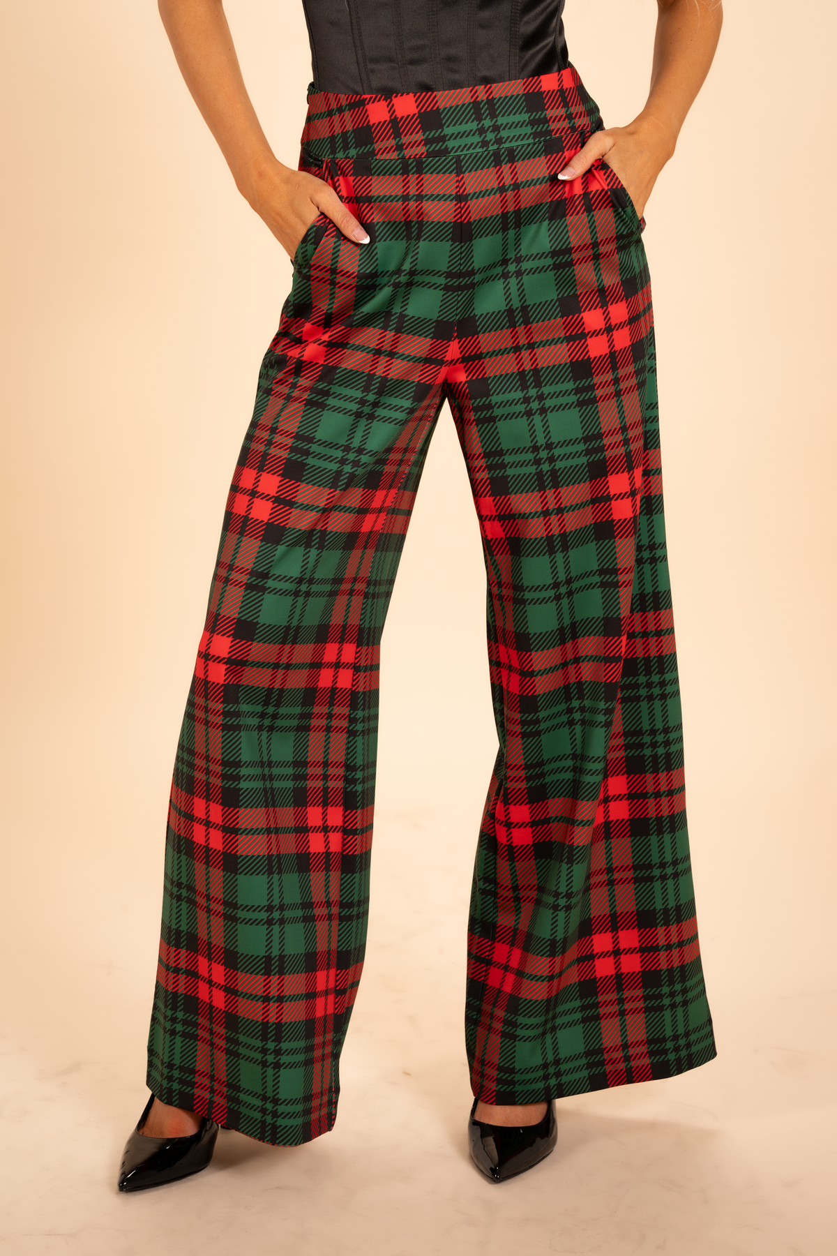 The Lincoln Log Love Daddy/Lady | Women's Green Plaid Christmas Wide Leg Pants - Shinesty
