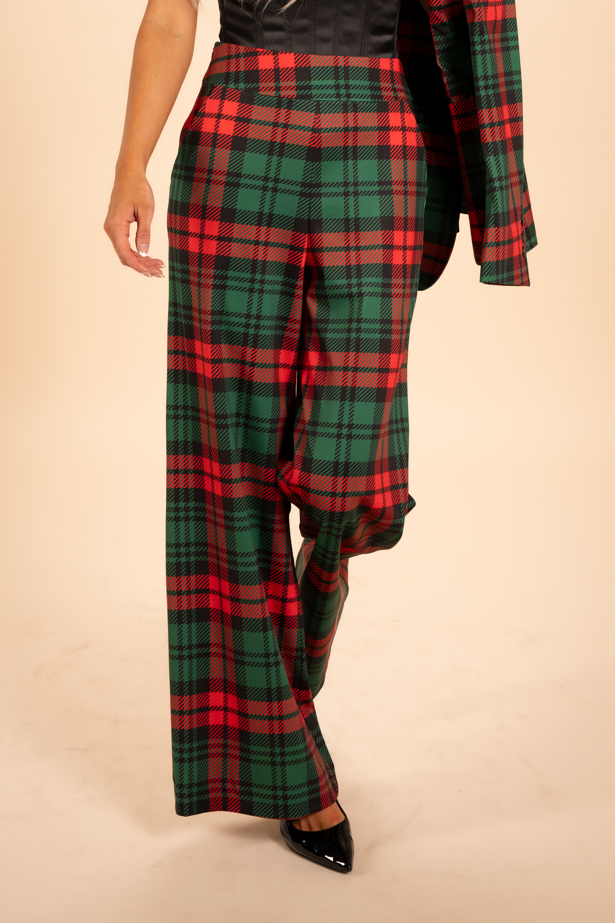 The Lincoln Log Love Daddy/Lady | Women's Green Plaid Christmas Wide Leg Pants - Shinesty