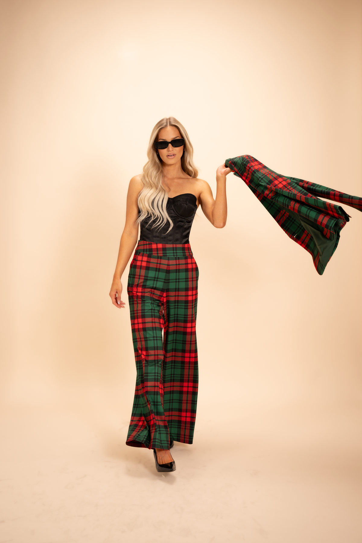 The Lincoln Log Love Daddy/Lady | Women's Green Plaid Christmas Wide Leg Pants - Shinesty