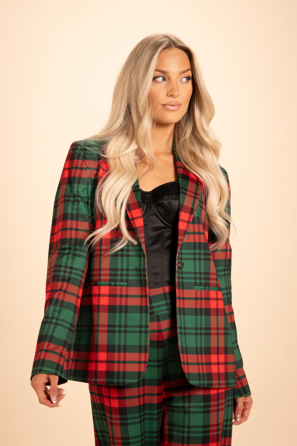 The Lincoln Log Love Daddy/Lady | Women's Green Plaid Christmas Notch Collar Lined Blazer - Shinesty