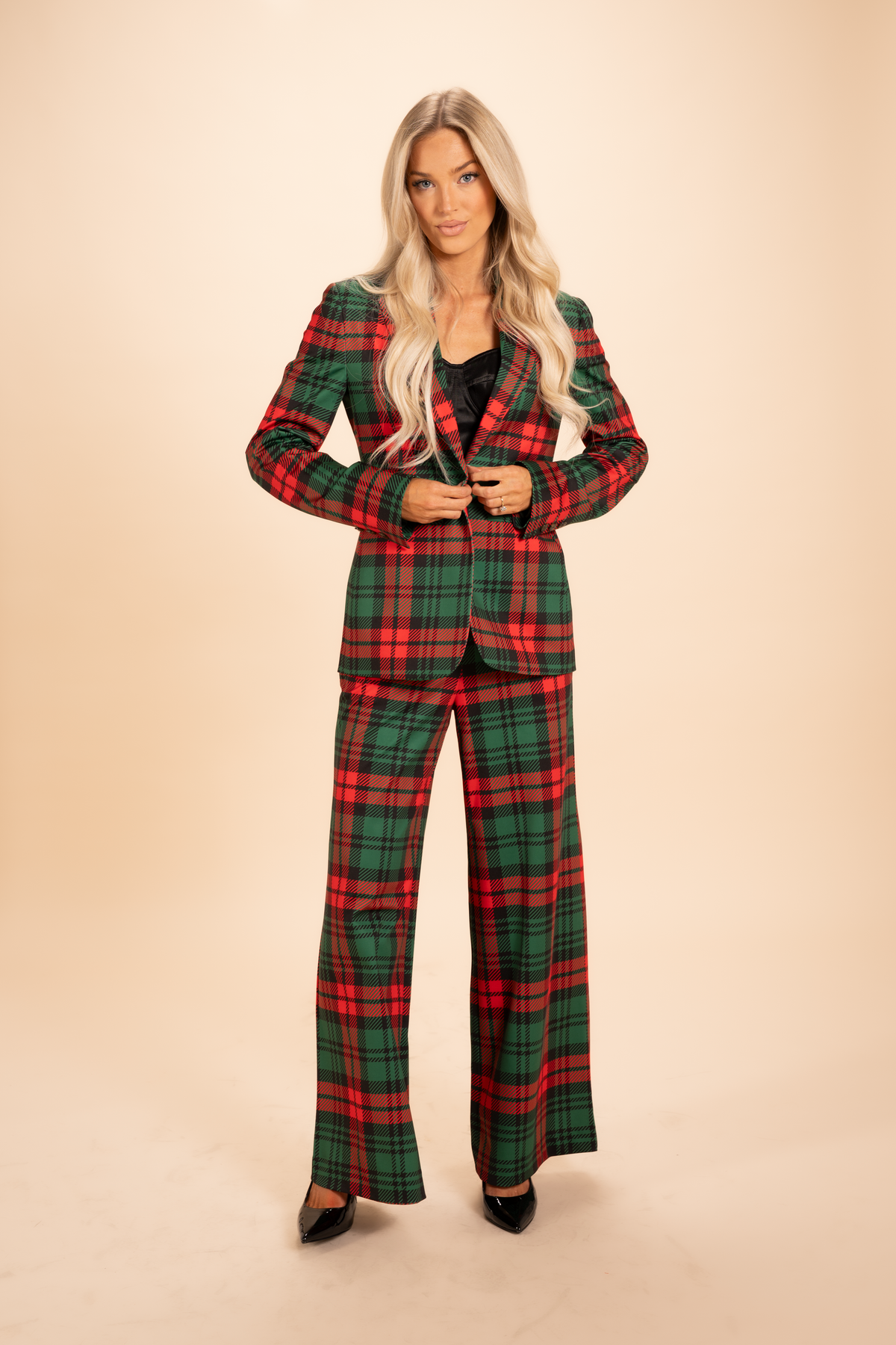 The Lincoln Log Love Daddy/Lady | Women's Green Plaid Christmas Notch Collar Lined Blazer - Shinesty