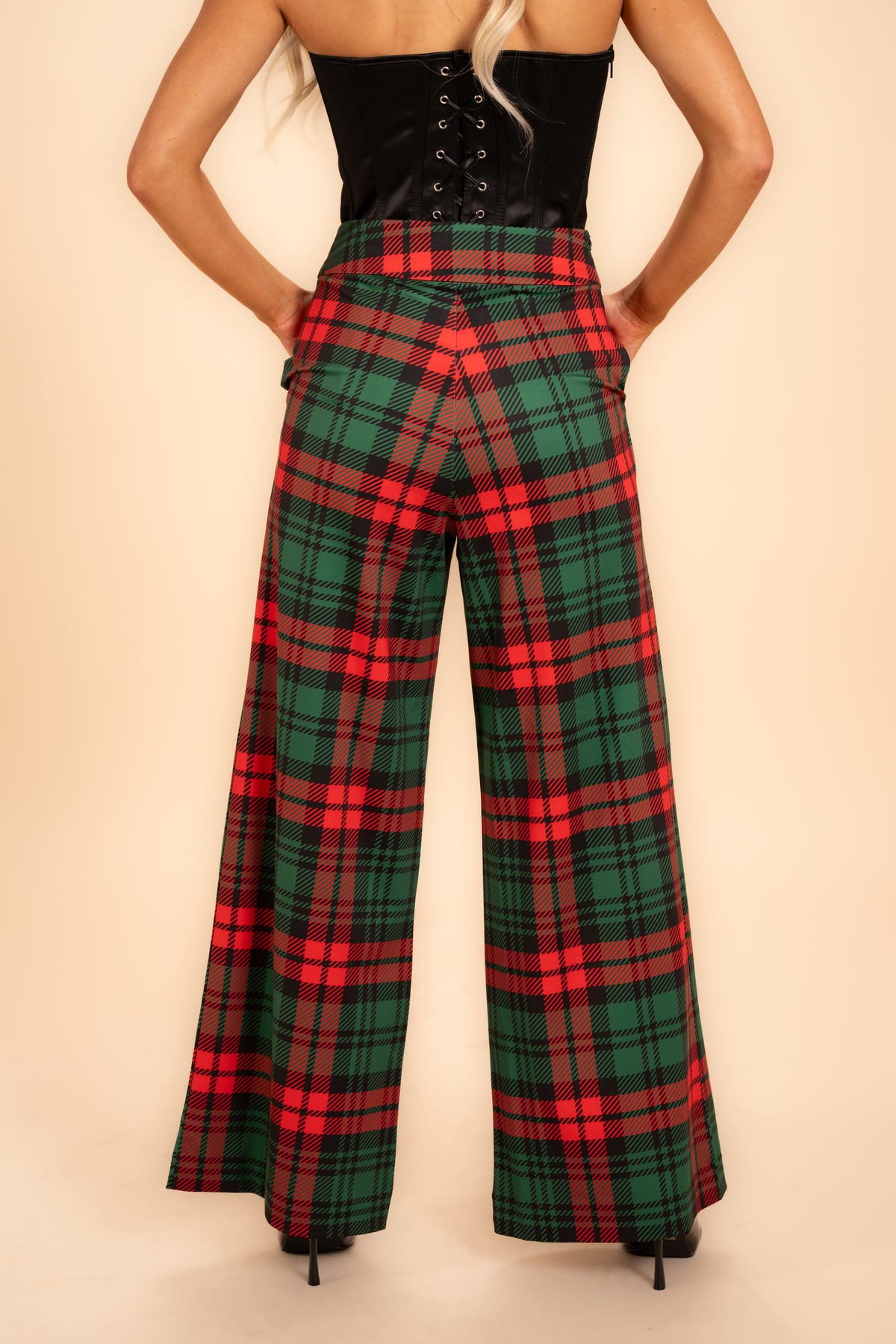 The Lincoln Log Love Daddy/Lady | Women's Green Plaid Christmas Wide Leg Pants - Shinesty