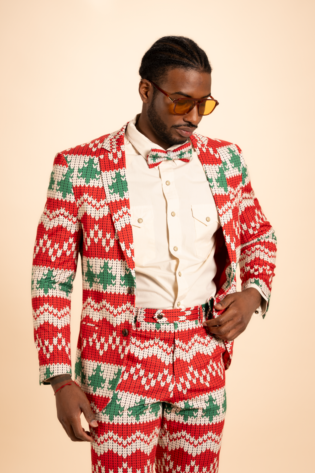 The Red Ryder | Fair Isle Knit Print Men's Printed Bow Tie - Shinesty