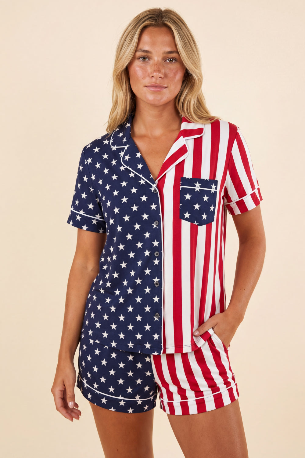 The Reagans | American Flag Button Down Short Pajama Set - Shinesty