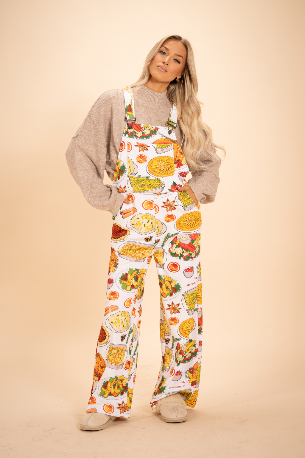 The Spread | White Thanksgiving Women's Wide Leg Pajamarall - Shinesty