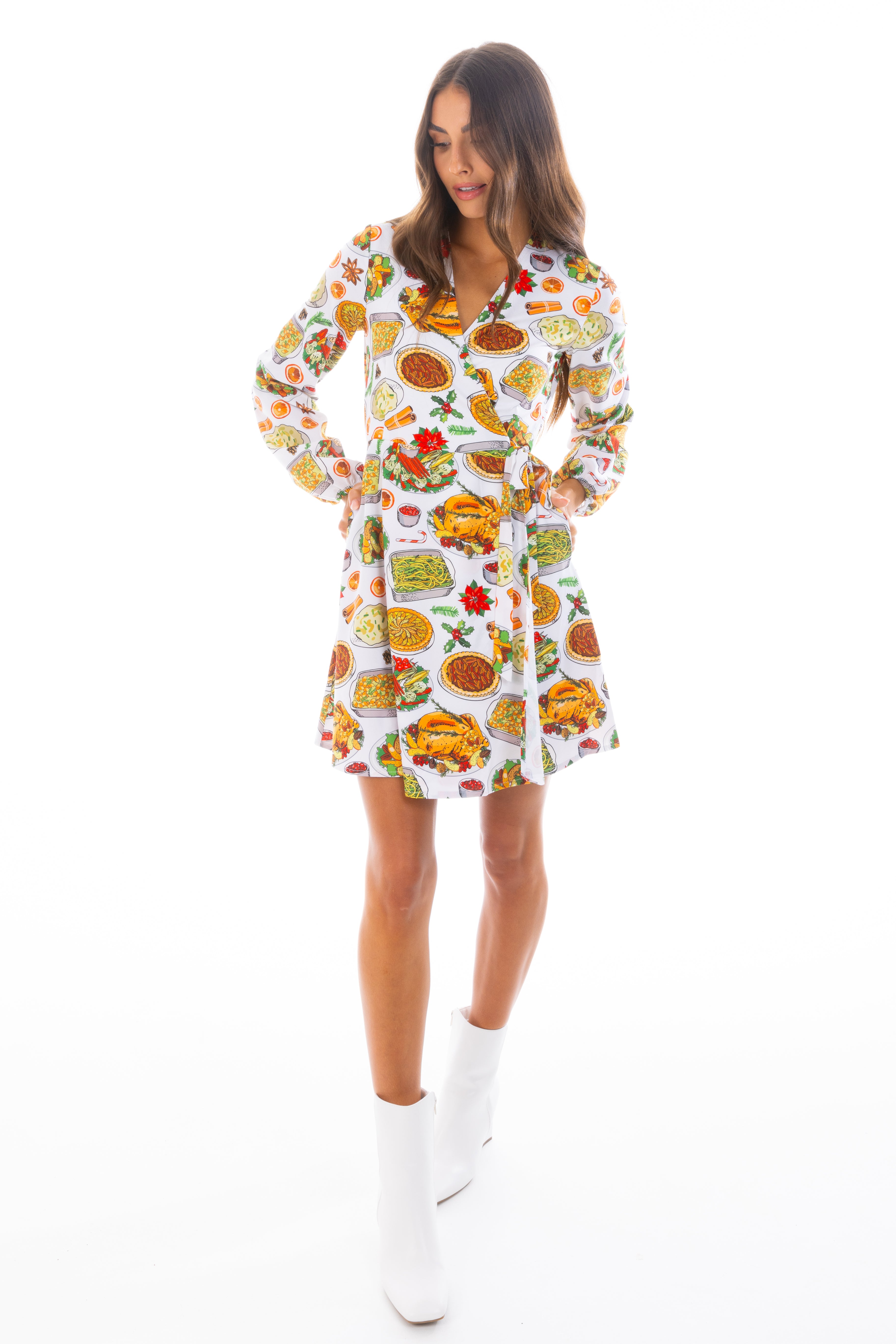 The Spread | White Thanksgiving Wrap Dress - Shinesty