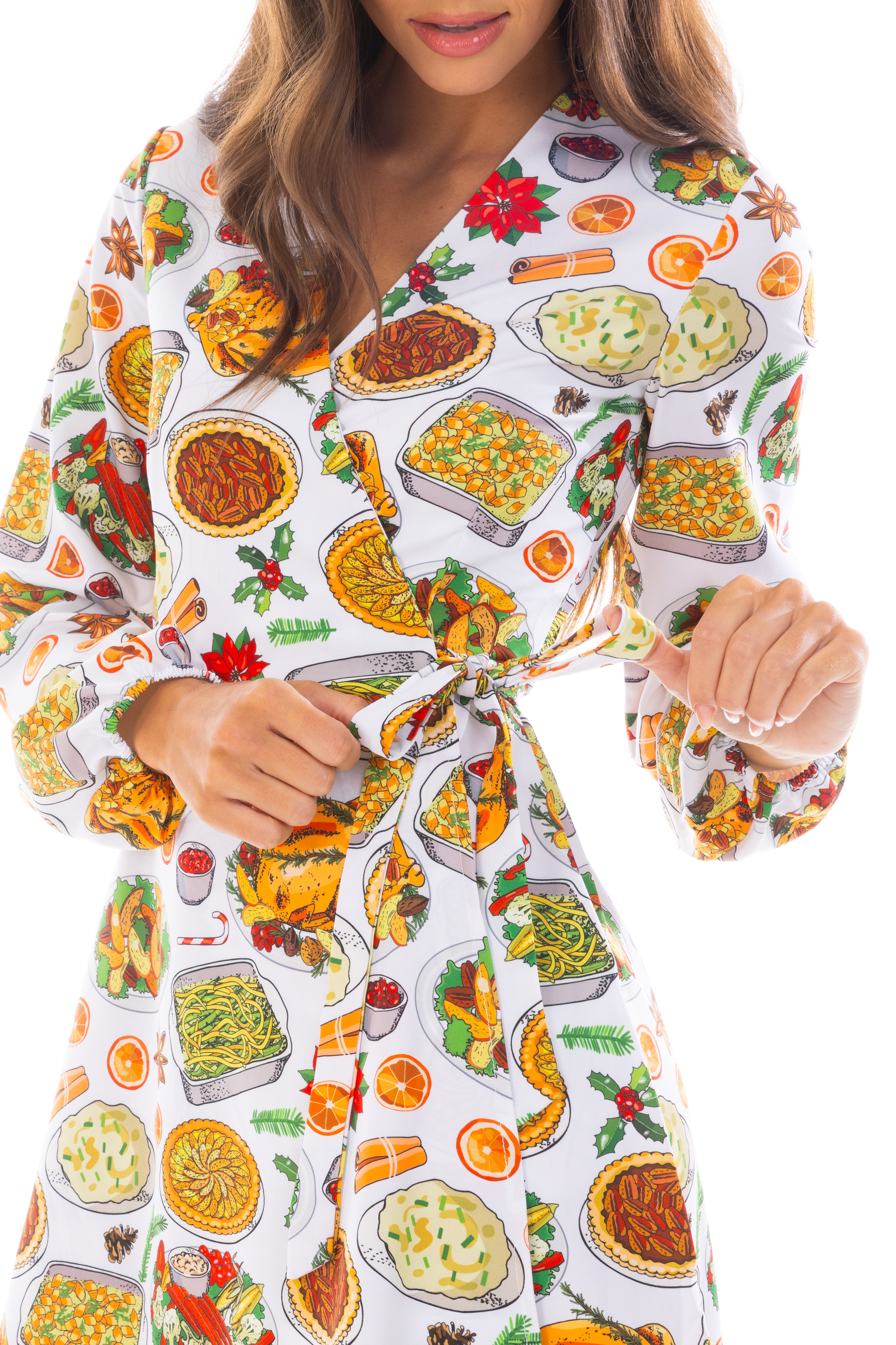 The Spread | White Thanksgiving Wrap Dress - Shinesty