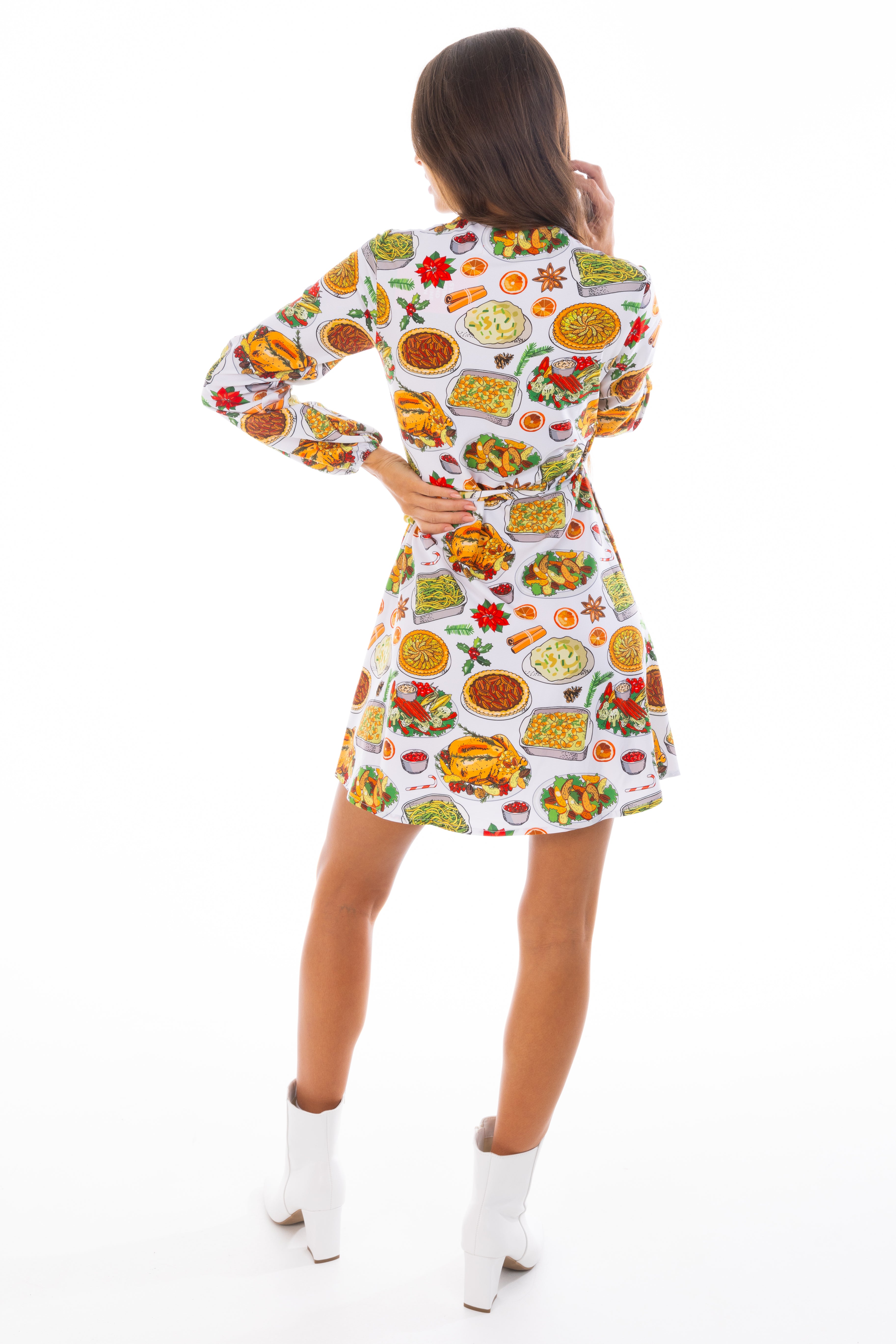 The Spread | White Thanksgiving Wrap Dress - Shinesty