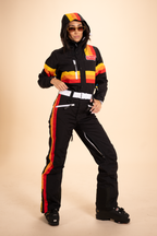 The T-Bar Trooper | Black and Orange Retro Stripe Women's One Piece Ski Suit - Shinesty