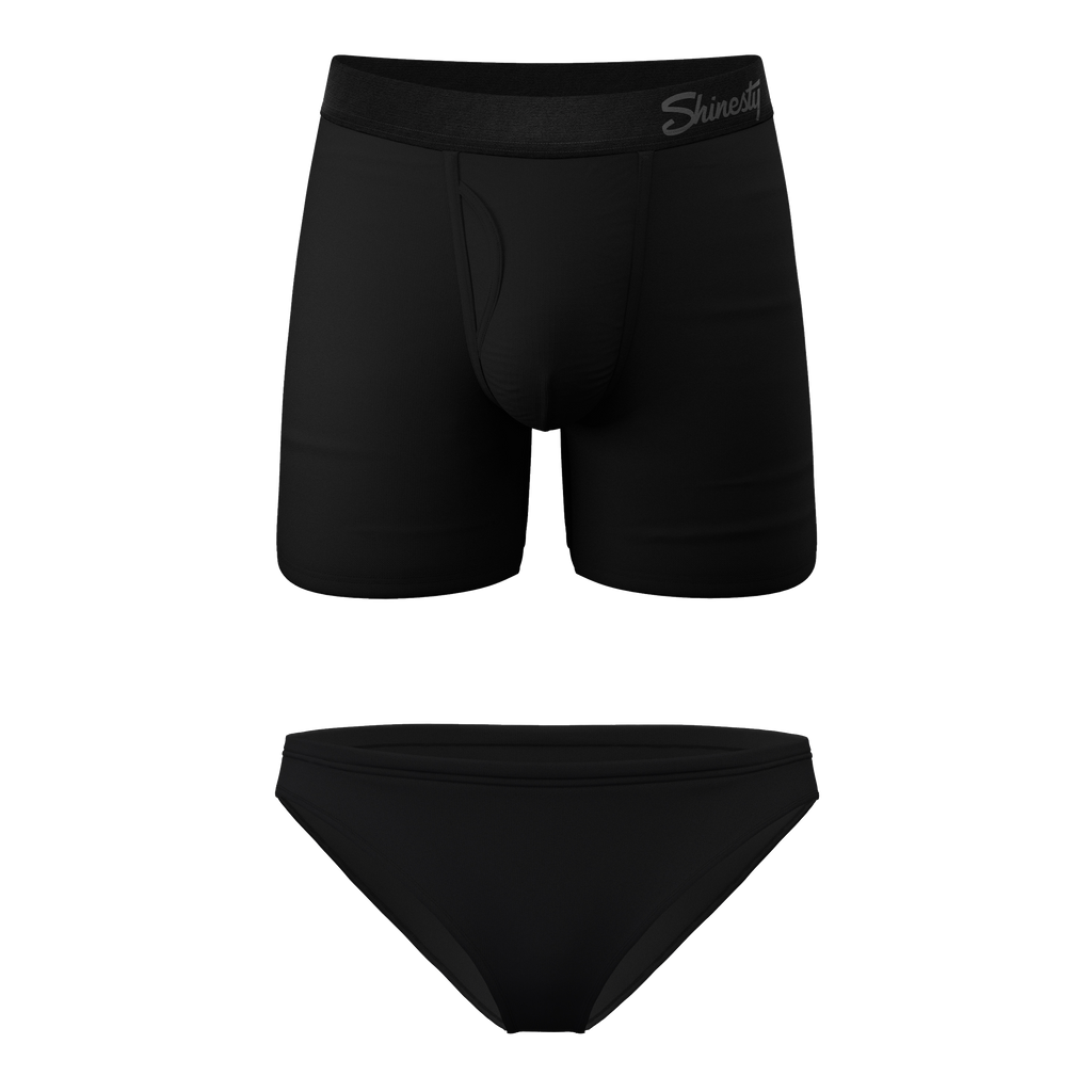 The Threat Level Midnight | Black Bikini and Ball Hammock® Boxer With Fly Matching Couples Underwear Pack - Shinesty