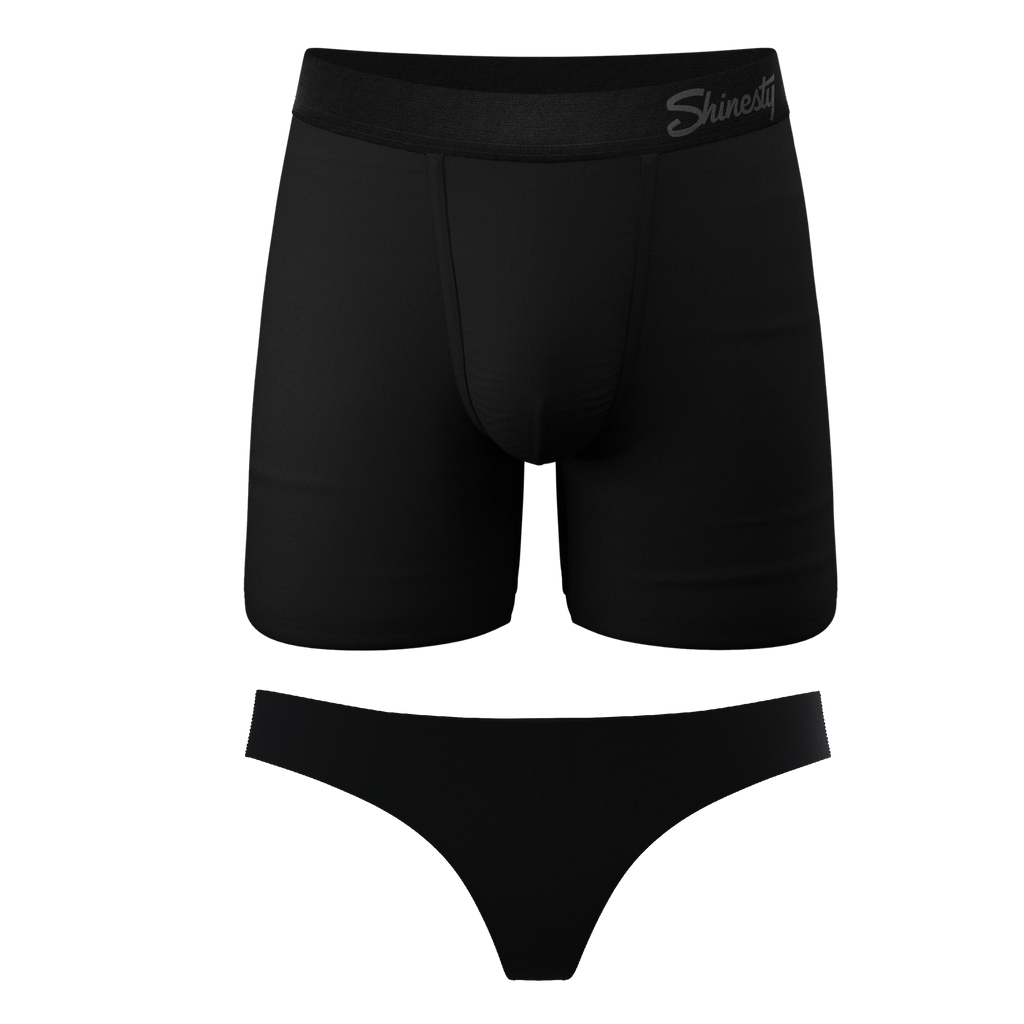The Licorice Limbo | Solid Black Matching Couples Underwear Ball Hammock® Boxer and Thong 2 Pack - Shinesty