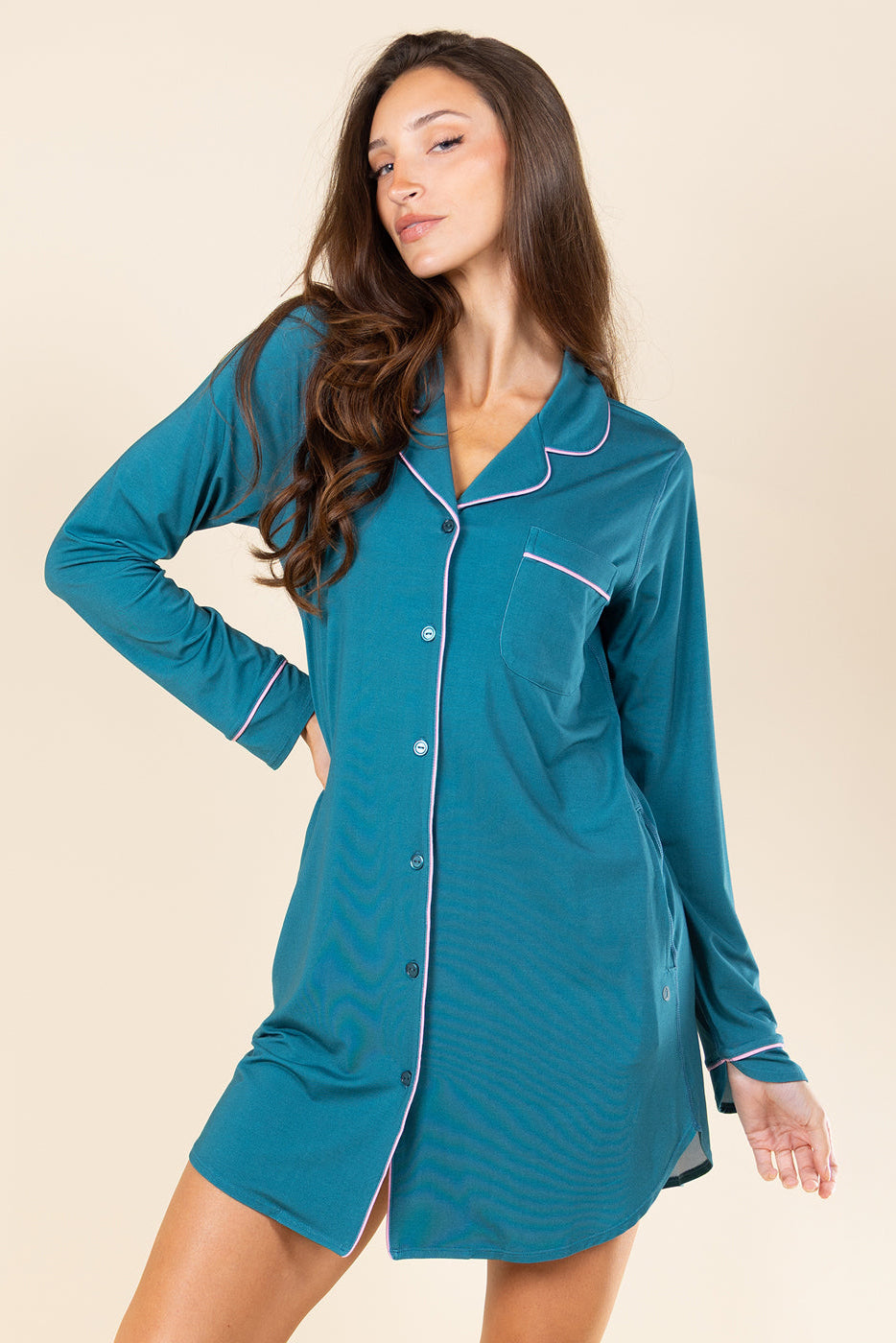 The Tranquility | Teal SleepDeep™ Long Sleeve Pajama Dress - Shinesty