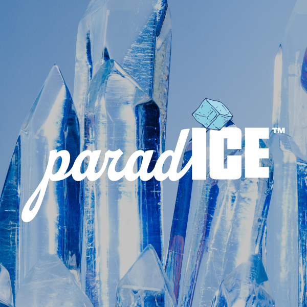 paradICE logo with an ice-cube dot over a wall of jagged blue ice crystals