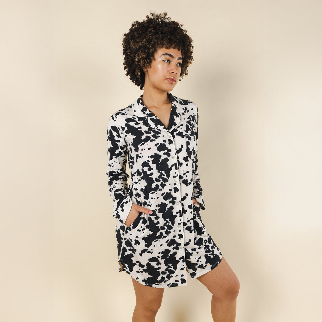 The Graze Escape | Cow Hide SleepDeep™ Long Sleeve Pajama Dress - Shinesty