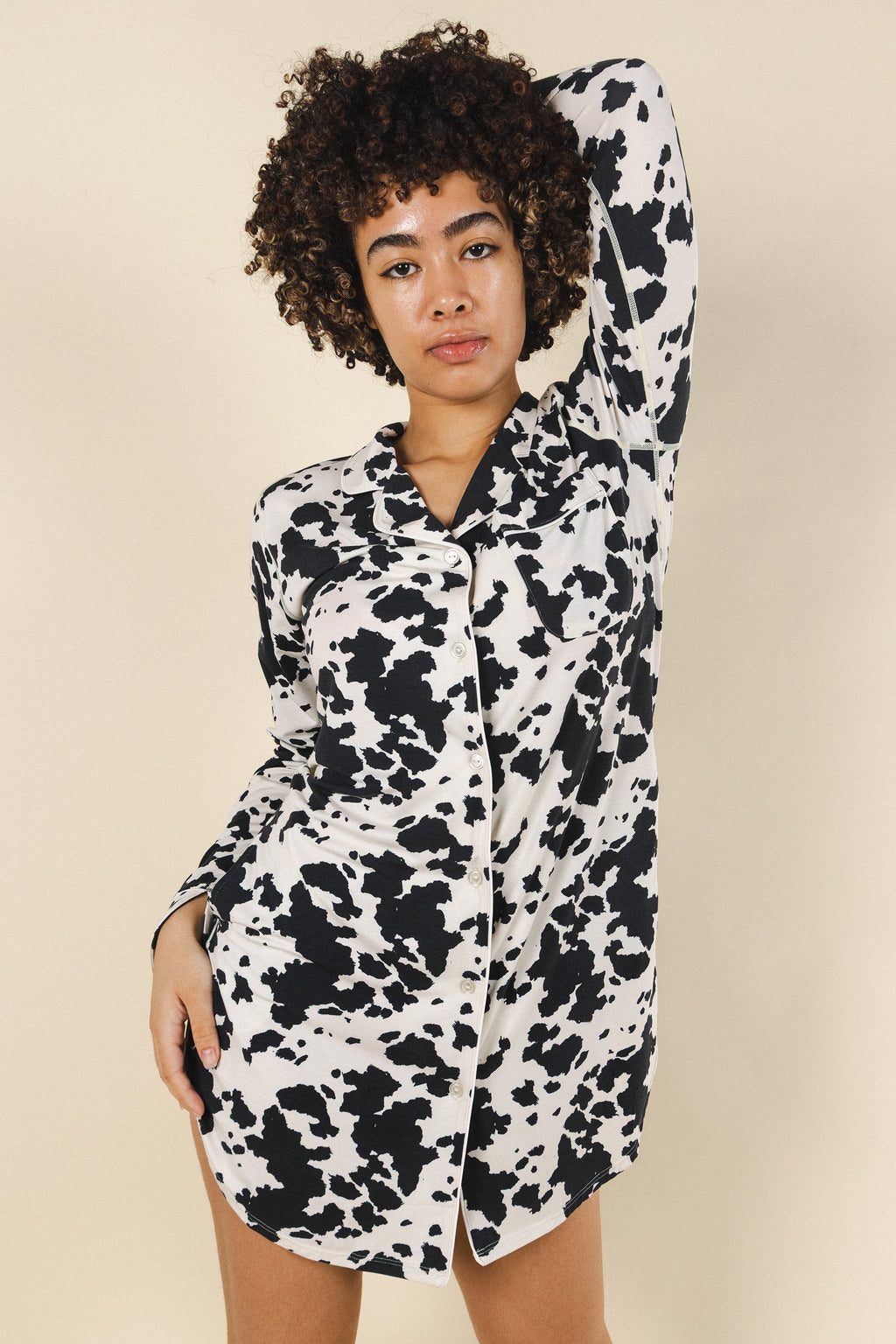 The Graze Escape | Cow Hide SleepDeep™ Long Sleeve Pajama Dress - Shinesty