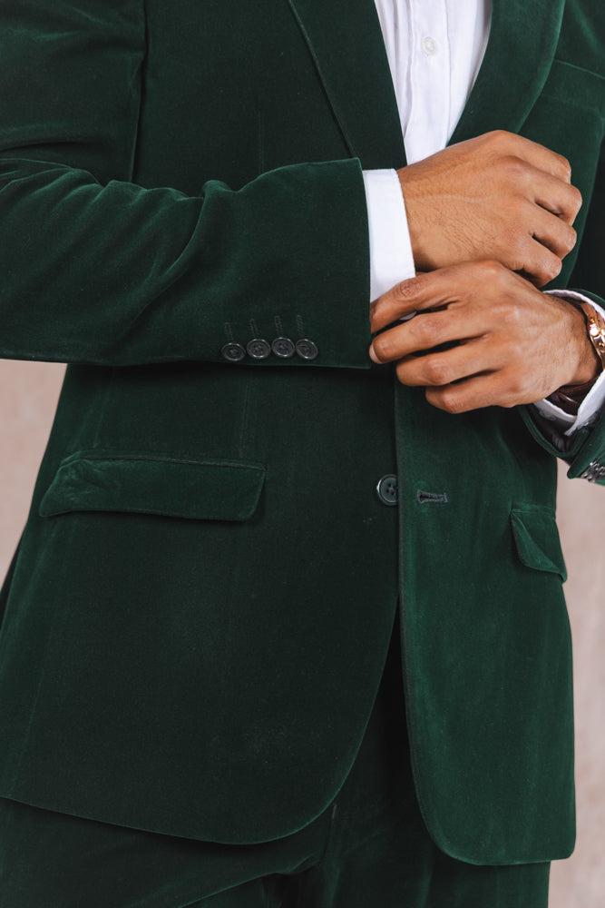 The Elegant Evergreen | Green Velvet Velvet Blazer - Shinesty