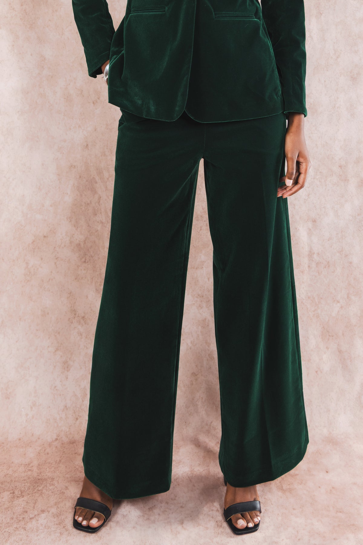 The Elegant Evergreen | Green Velvet Wide Leg Velvet Pants - Shinesty